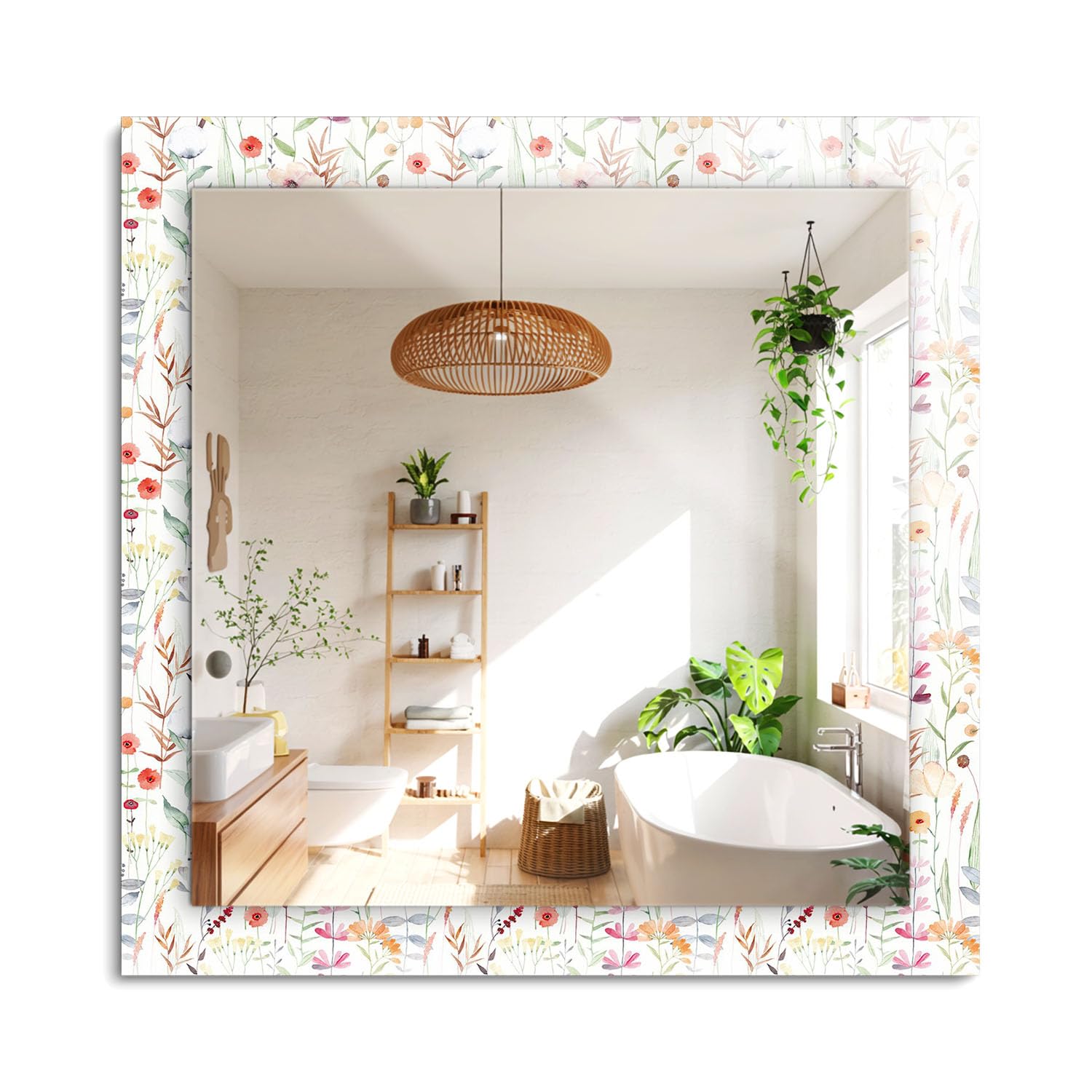 Miroir decoratif rectangulaire haut de gamme 60x60 cadre graphique fleurs aquarelle chic