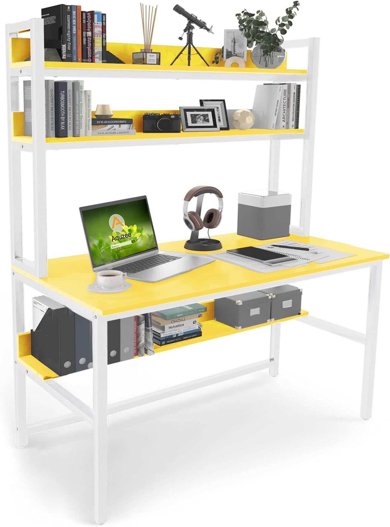 Computer Desk with Hutch and Bookshelf, 47 Inches Yellow Home Office Desk with Space Saving Design, Metal Legs Table Desk with Upper Storage Shelves for Study Writing/Workstation, Easy Assemble