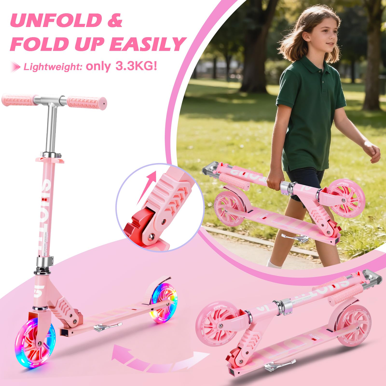 SUOTU Patinete Niño con Grandes Ruedas Iluminadas de 145 mm, Carga Máxima: 100 kg, Scooter para Niños de 3 a 12 Años, Plegable, Volante Ajustable Altura, Aluminio — view 5