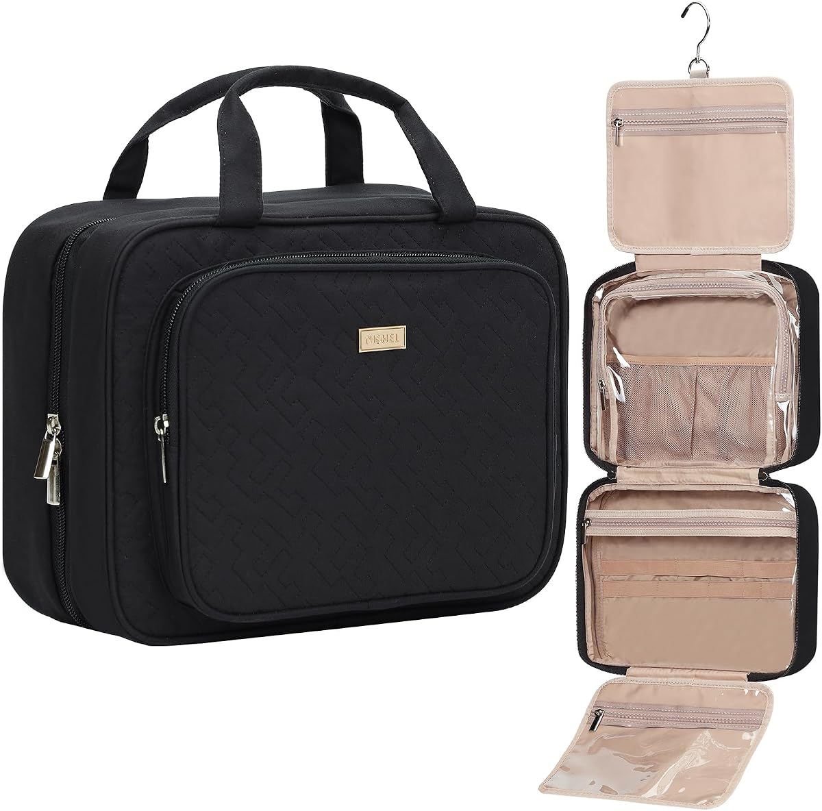 Travel Toiletry Bag for Women Hanging Organizer Makeup Case Pockets | Front pocket bag keeps toiletries, makeup, cosmetics, and accessories organized for travel or daily use, Large, Black