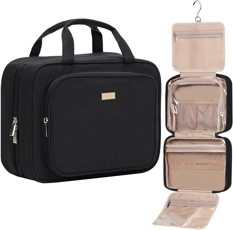 Travel Toiletry Bag for Women Hanging Organizer Makeup Case Pockets | Front pocket bag keeps toiletries, makeup, cosmetics, and accessories organized for travel or daily use, Large, Black