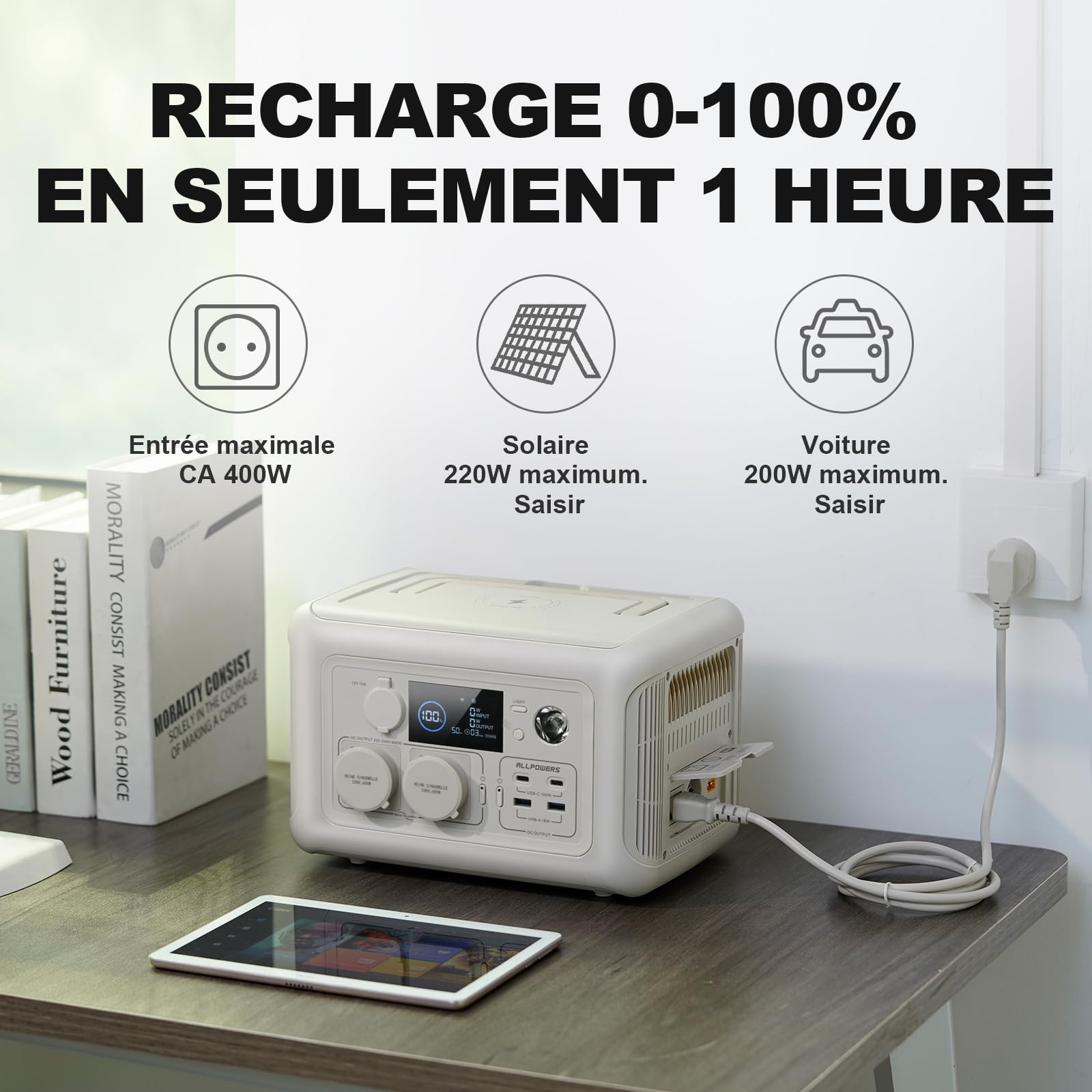 ALLPOWERS R600 générateur solaire avec panneaux solaire pliables de 100W, 299Wh batterie LiFeP04, Chargement rapide sans fil 15W, fonction UPS, Entrée maximale de 400W, camping, fête, voyage, jardin