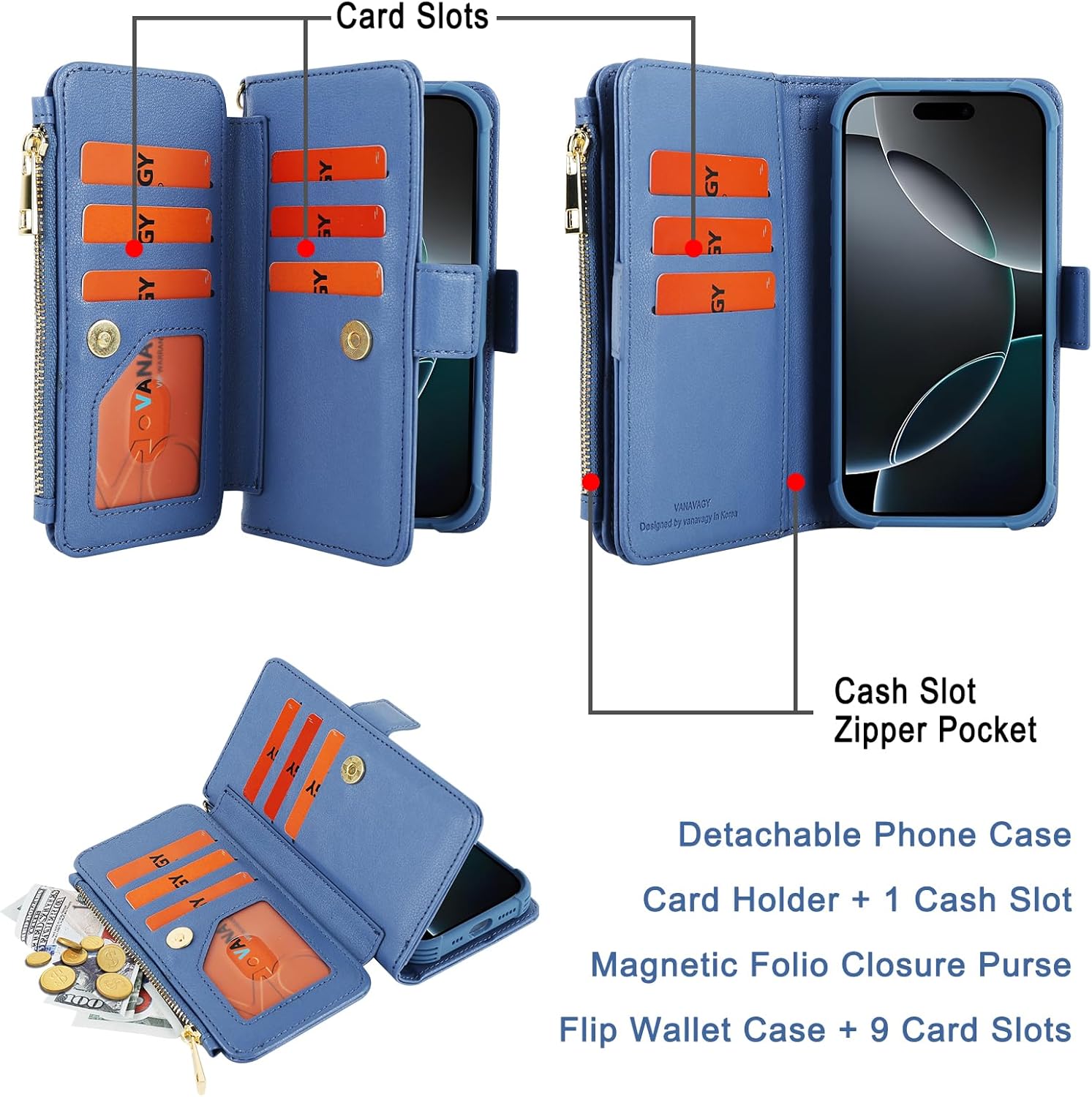 VANAVAGY Compatible for iPhone 16 Pro Max Detachable Wallet Case with RFID Blocking Card Holder for Magsafe, PU Leather Magnetic Snap Wallet Phone Case with Kickstand for 16 promax 6.9inch,Blue