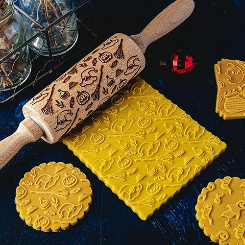 Miniatura 6 de Rodillo en relieve de Halloween para galletas, rodillos de madera, diseños espeluznantes para hornear de Halloween, rodillos de madera en relieve (C)