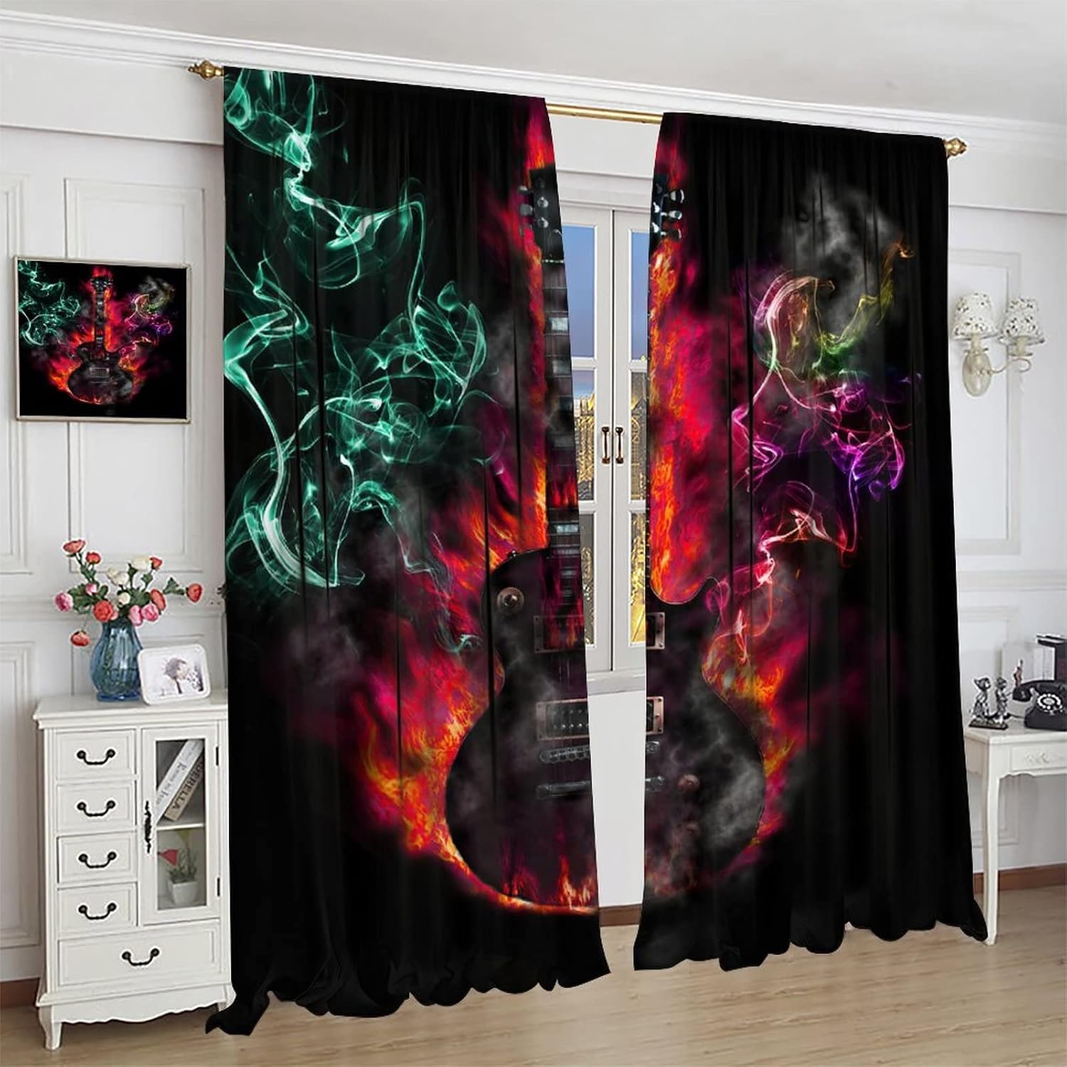 Burning Electric Guitar Blackout Curtains for Bedroom,Cool Musical Instruments Guitar with Colorful Misty Window Treatments Rod Pocket 2 Panels 72L x 31.5W