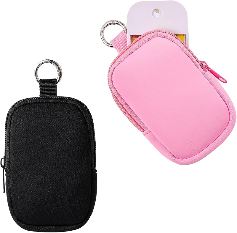 Necessaire de maquiagem mini RSRSLEII com zíper e gancho, Neoprene, preta e rosa, pacote com 2