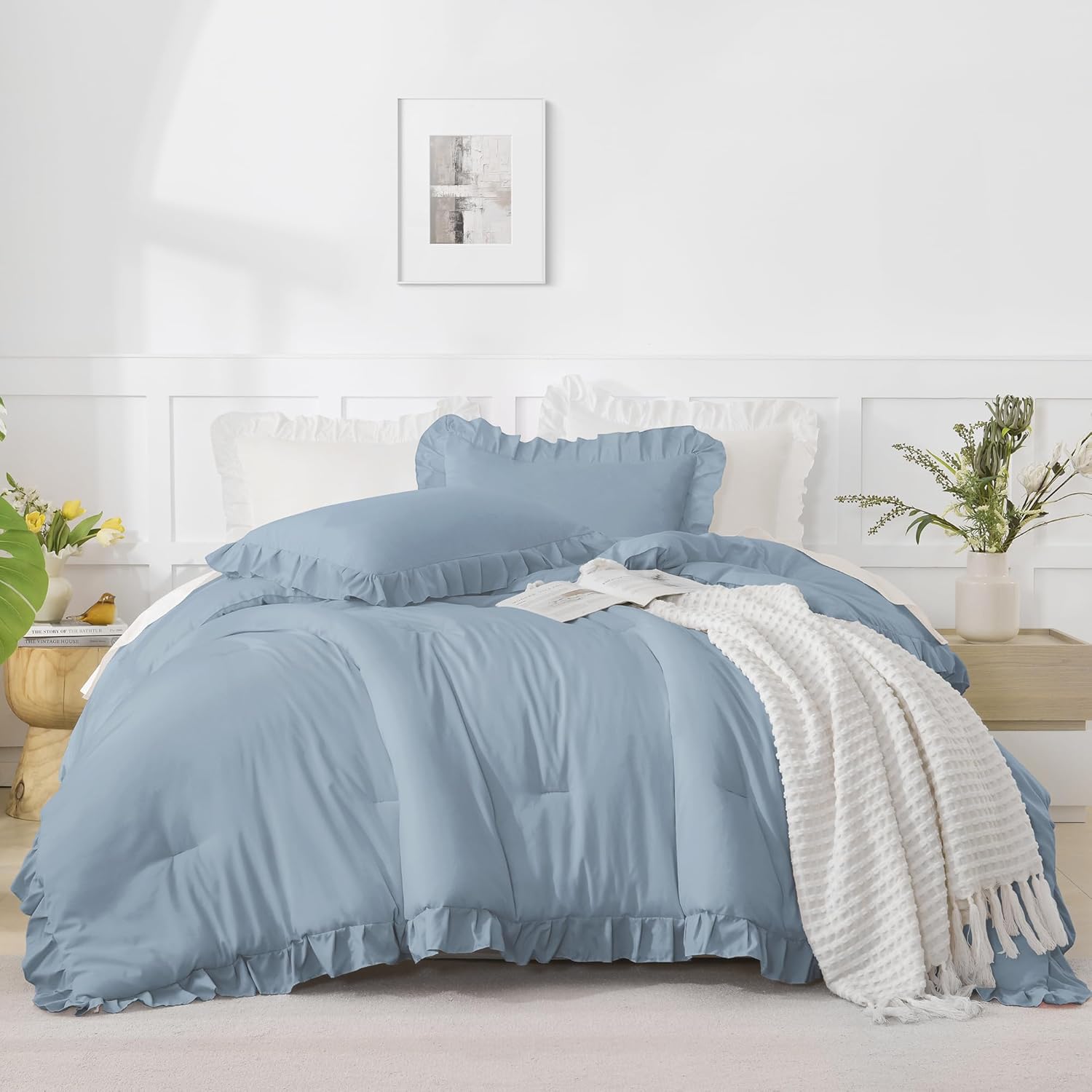 Andency Grayish Blue Ruffle Comforter Twin XL(68x92Inch), 2 Pieces(1 Ruffled Comforter and 1 Pillowcase) Solid Farmhouse Shabby Chic Bed, Vintage Rustic Soft Polyester Bedding Set Grayish Blue Twin XL(68"X92")