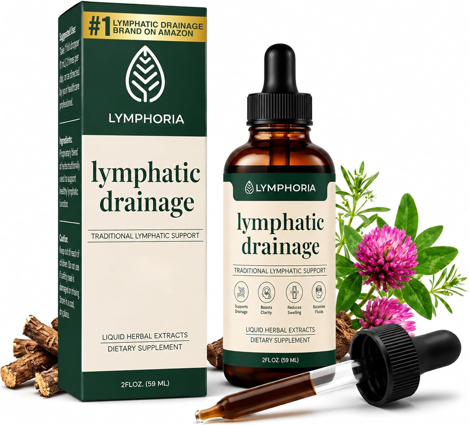 Lymphatic Drainage Drops for Bloat Relief & De-Puff – Cleavers, Red Clover, Stillingia Root & Prickly Ash Bark – Lymph Node Detox Cleanse, Fluid Retention, Alcohol-Free 2 Fl Oz (Pack of 1)