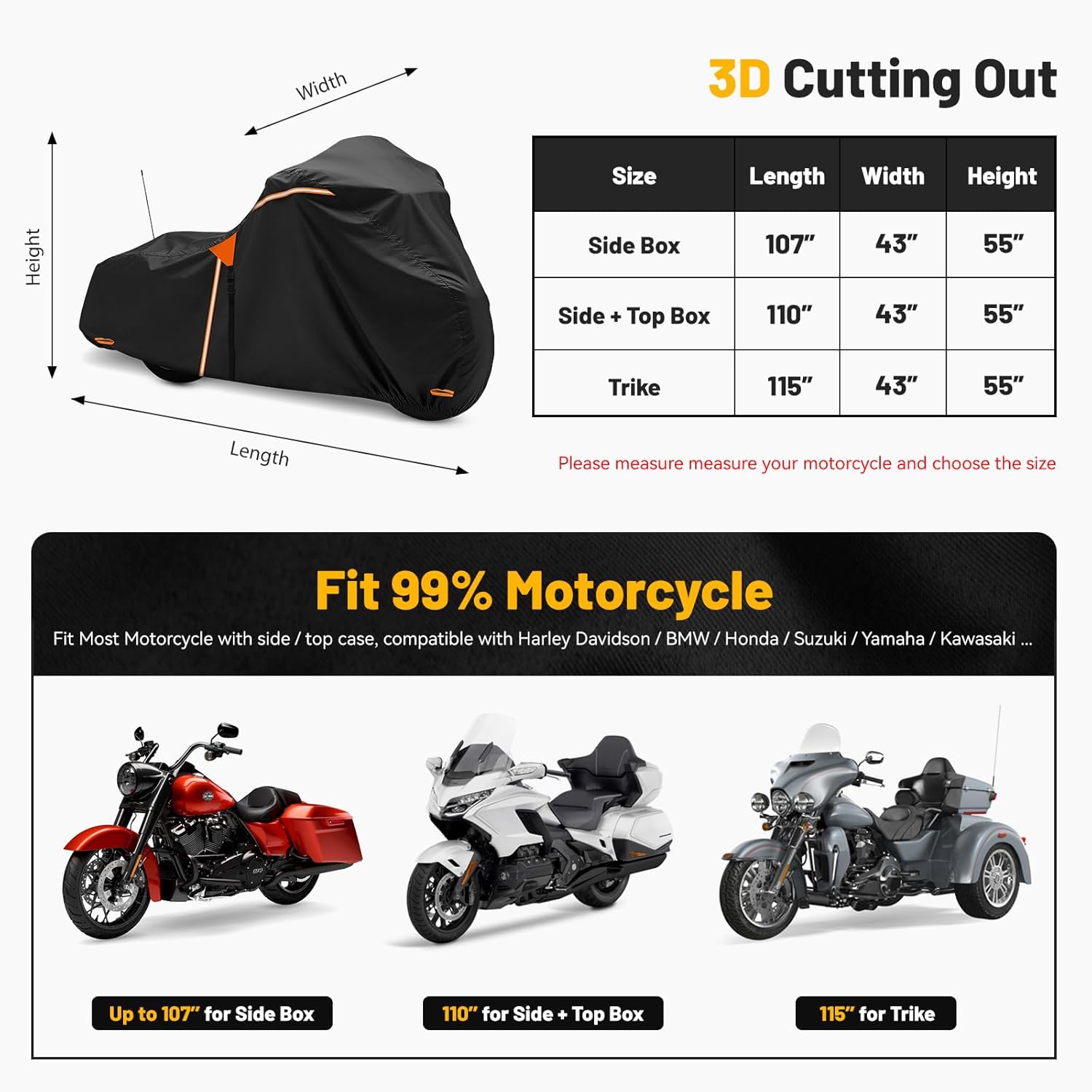 XYZCTEM Motorcycle Cover Heavy Duty Waterproof with Side Box, Fits Harley Davidson Touring Models Road King Road Glide Street Glide Electra Glide Outdoor All Weather Protection, 107 Inch