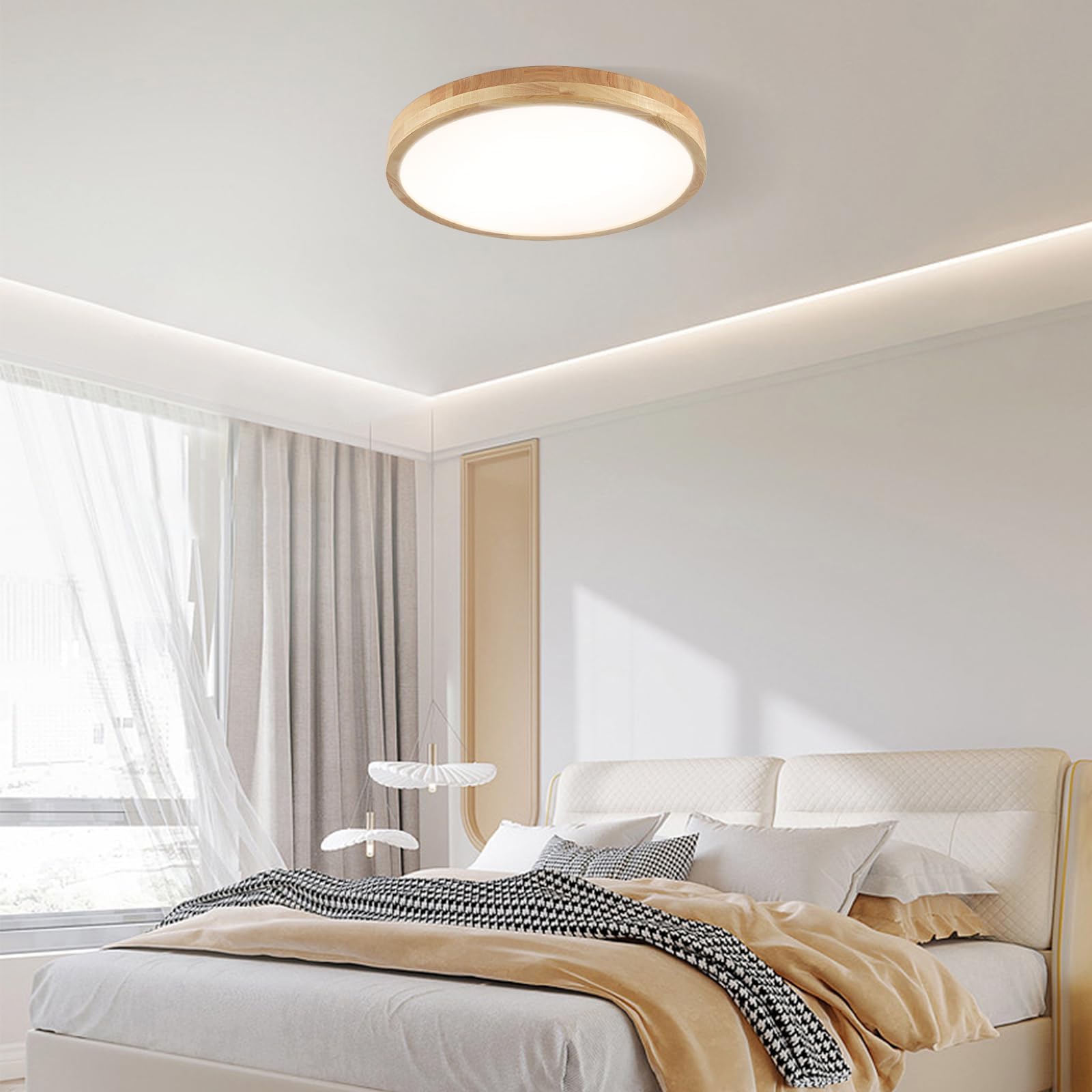 Lámpara de techo LED de madera, regulable con control, luces de techo redondas de madera de 36 W Ø 50 cm para sala de estar, cocina, comedor, oficina en casa, habitación de los niños