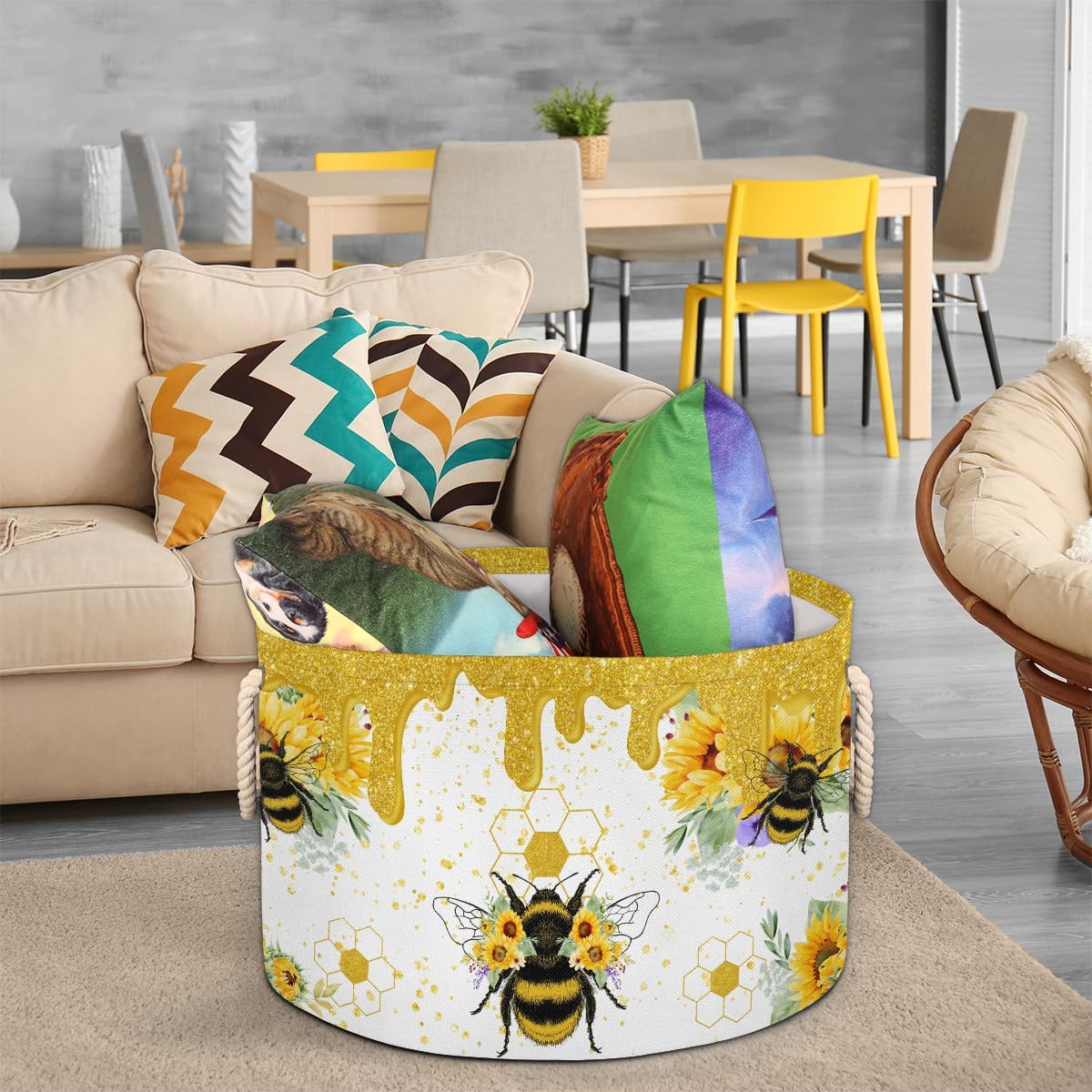 Large Round Basket Yellow Bee Sunflower Toy Organizers and Storage Bins Canvas Collapsible Blanket Storage Basket Laundry Hamper for Nursery Bedroom Clothes Girls Boys Gift Baskets