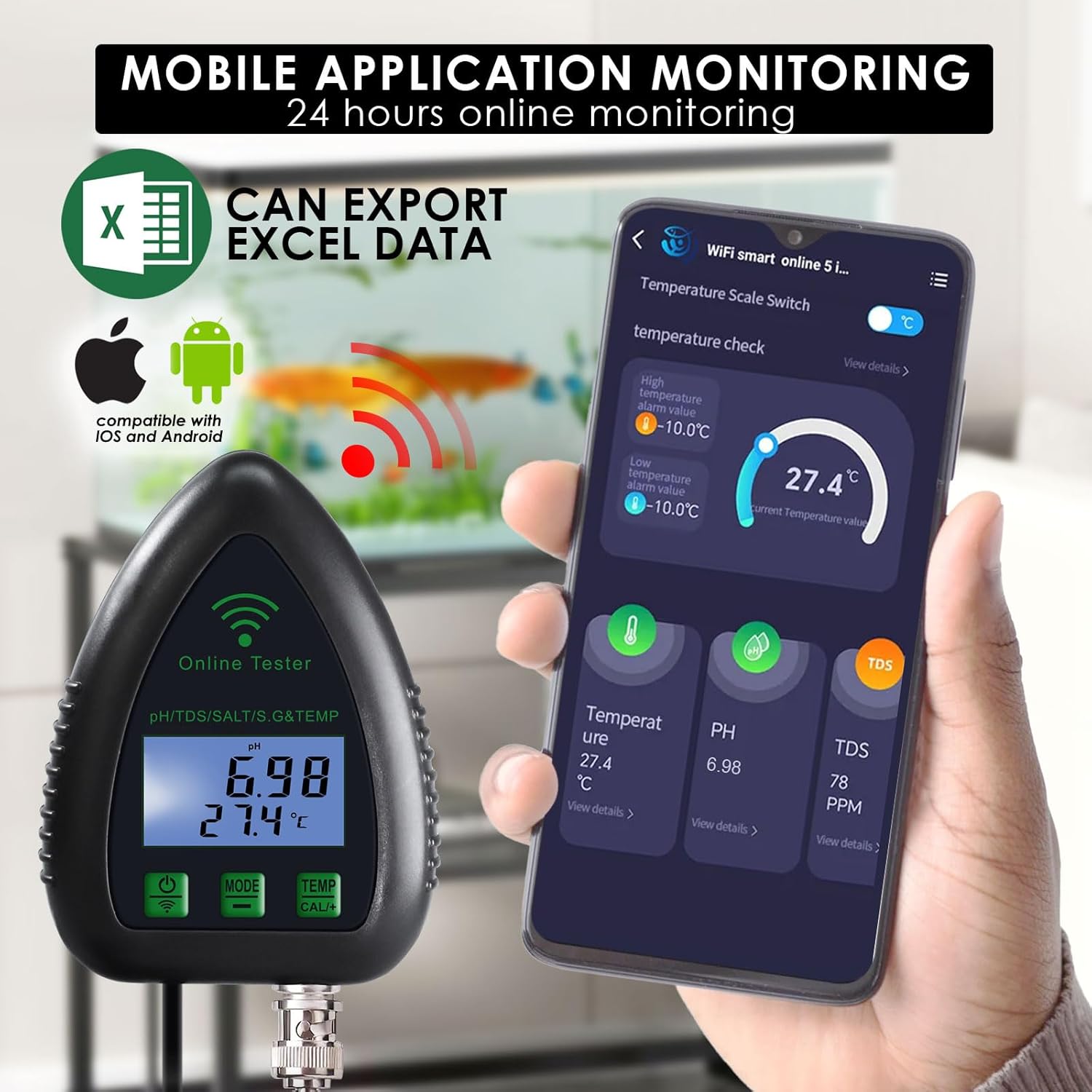 Online APP Monitoring WiFi Water Quality Tester pH/TDS/Salt/S.G/Temperature for Aquarium Hydroponics Pool Aquaculture with Easy Calibration
