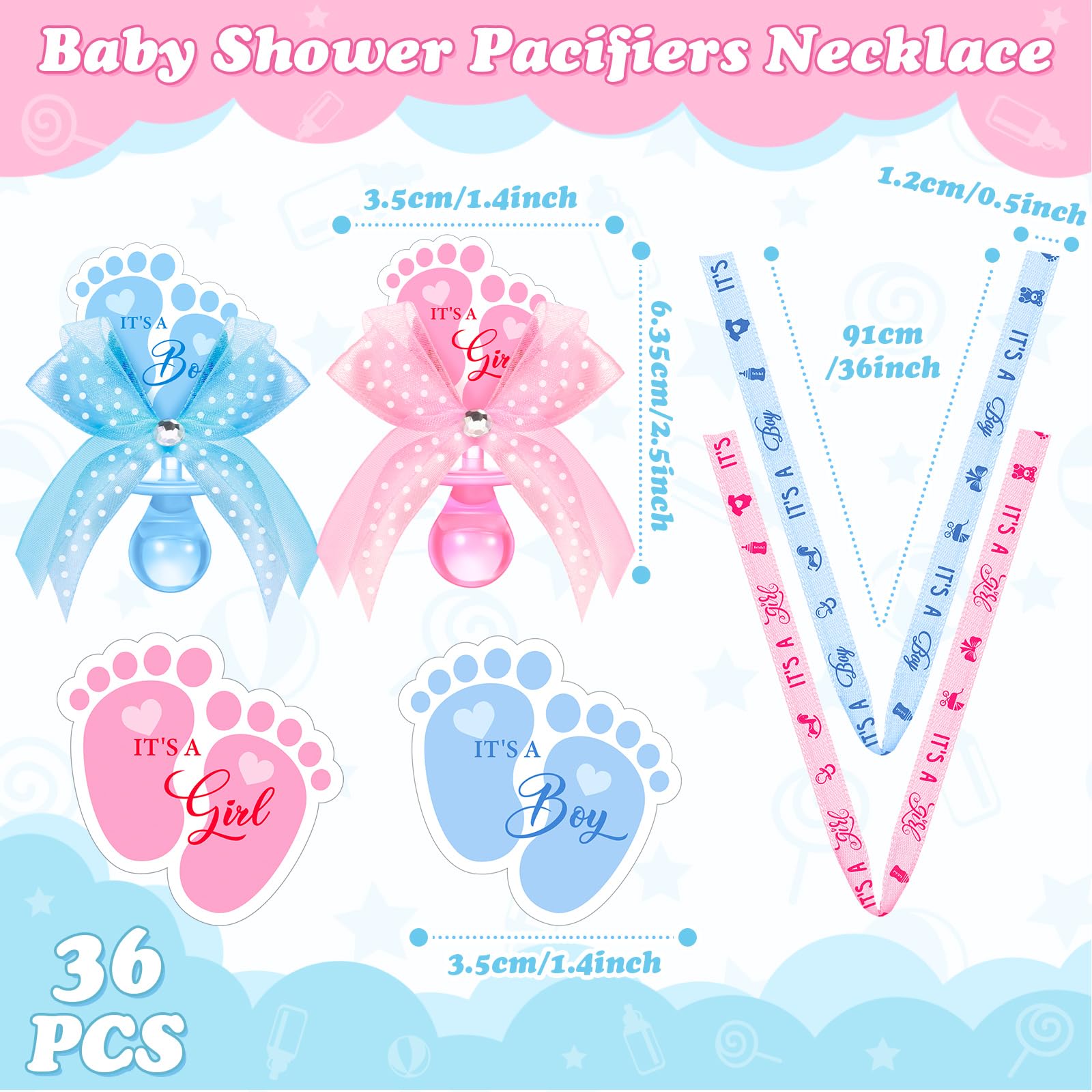 XunYee 36 collares para chupete de baby shower, lindos pies, acrílicos, revelación de género, collar de chupete para decoración de baby shower, revelación de género, mesa de distribución de fiestas,