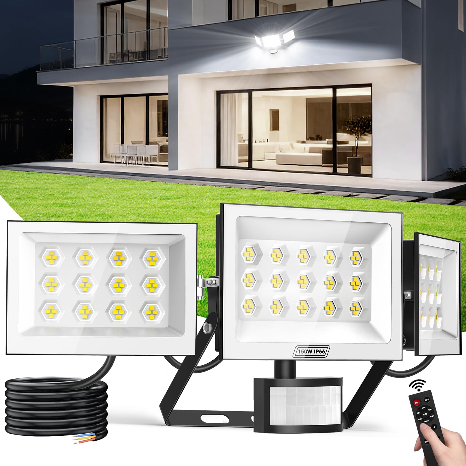 wowspeed Outdoor Lighting with Detector, 150W 15000LM Outdoor LED Floodlight with Remote Control, 3 Lamp Heads, 6500K Cool White, IP66 Waterproof Outdoor Spotlight for Patio Garage