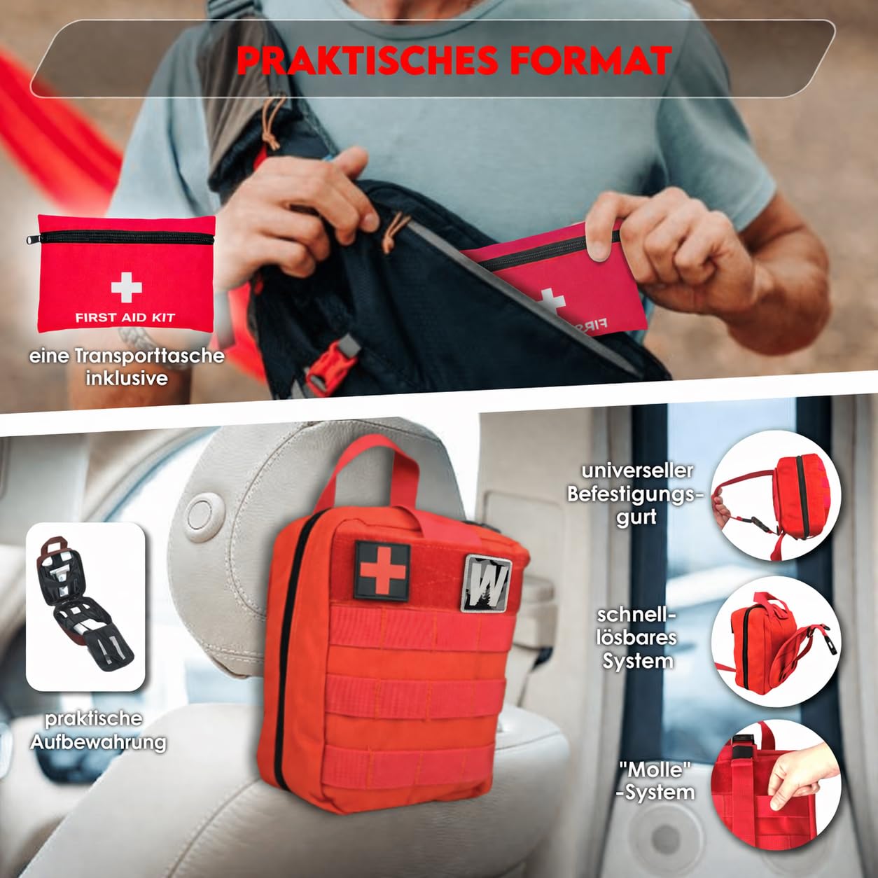 WONCROW ® Erste Hilfe Set + Mini Reiseapotheke - Auto Verbandskasten, Notfall Ausrüstung, Motorrad Zubehör - Notfalltasche Gefüllt Fahrrad Verbandtasche Hausapotheke Tasche Koffer First Aid Kit Car