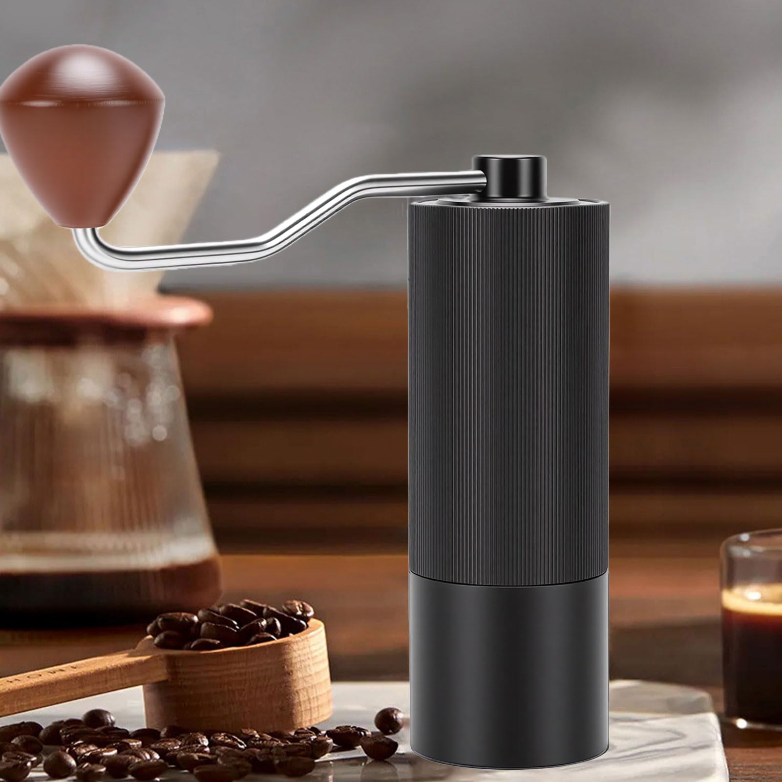 Macinacaffè Manuale con capacità di 25 G, macinacaffè Manuale Portatile con Funzionamento Silenzioso con 55 Impostazioni Regolabili e Manovella in Legno per Viaggi All'aperto in
