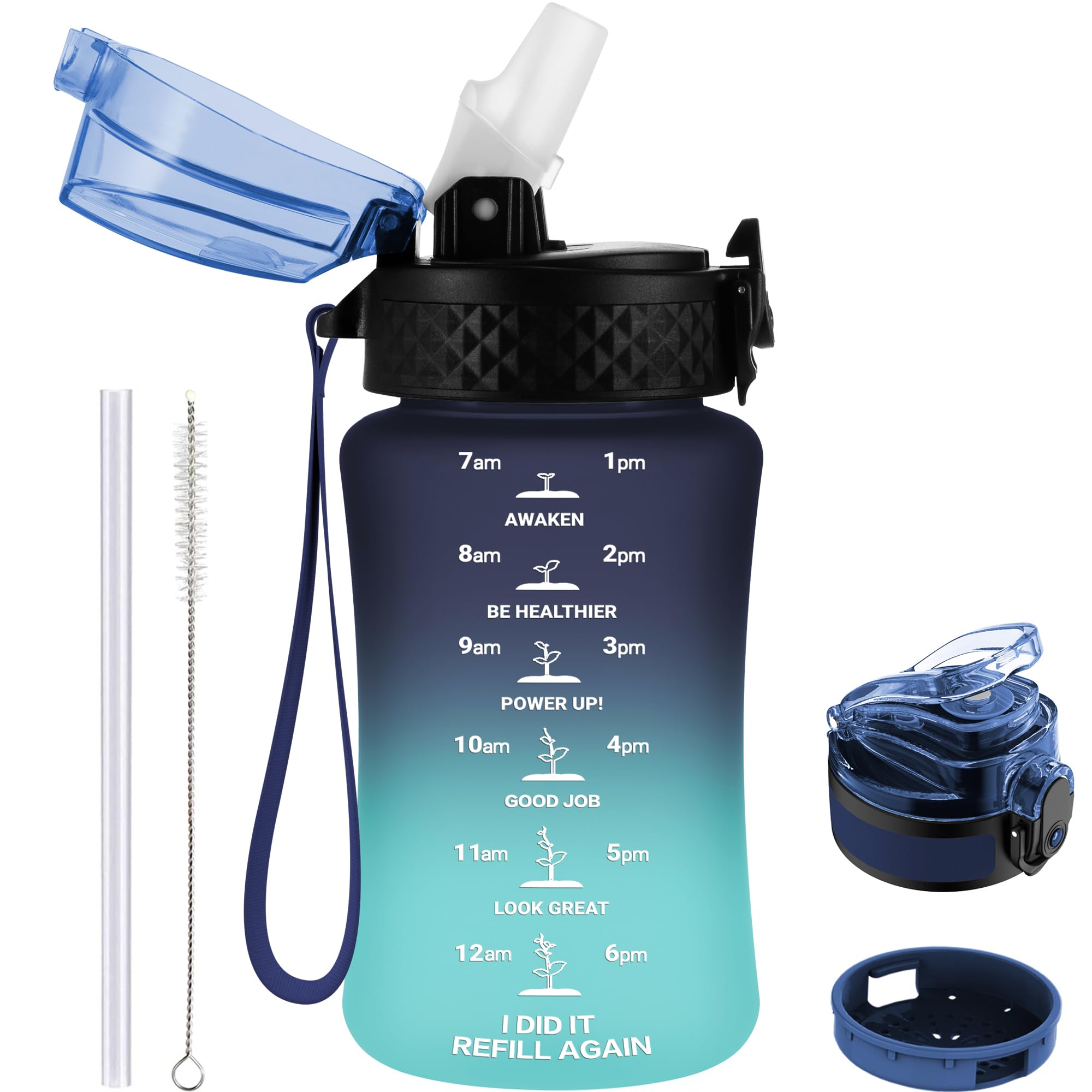 GOPPUS 350ml/12oz Kids Water Bottle With Straw Tritan Drinks Bottle with Strap Small Toddler Juice Bottles with Flip Top Lid Leakproof Children's Cup with Time Marking BPA free Girl Boy (Gray Blue)