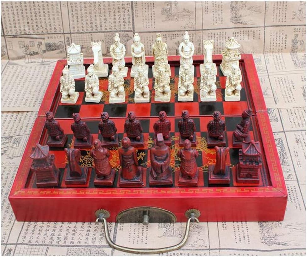 OLOTU Juego de ajedrez portátil de madera plegable de ajedrez chino retro terracota guerreros ajedrez madera hacer viejo tallado resina ajedrez