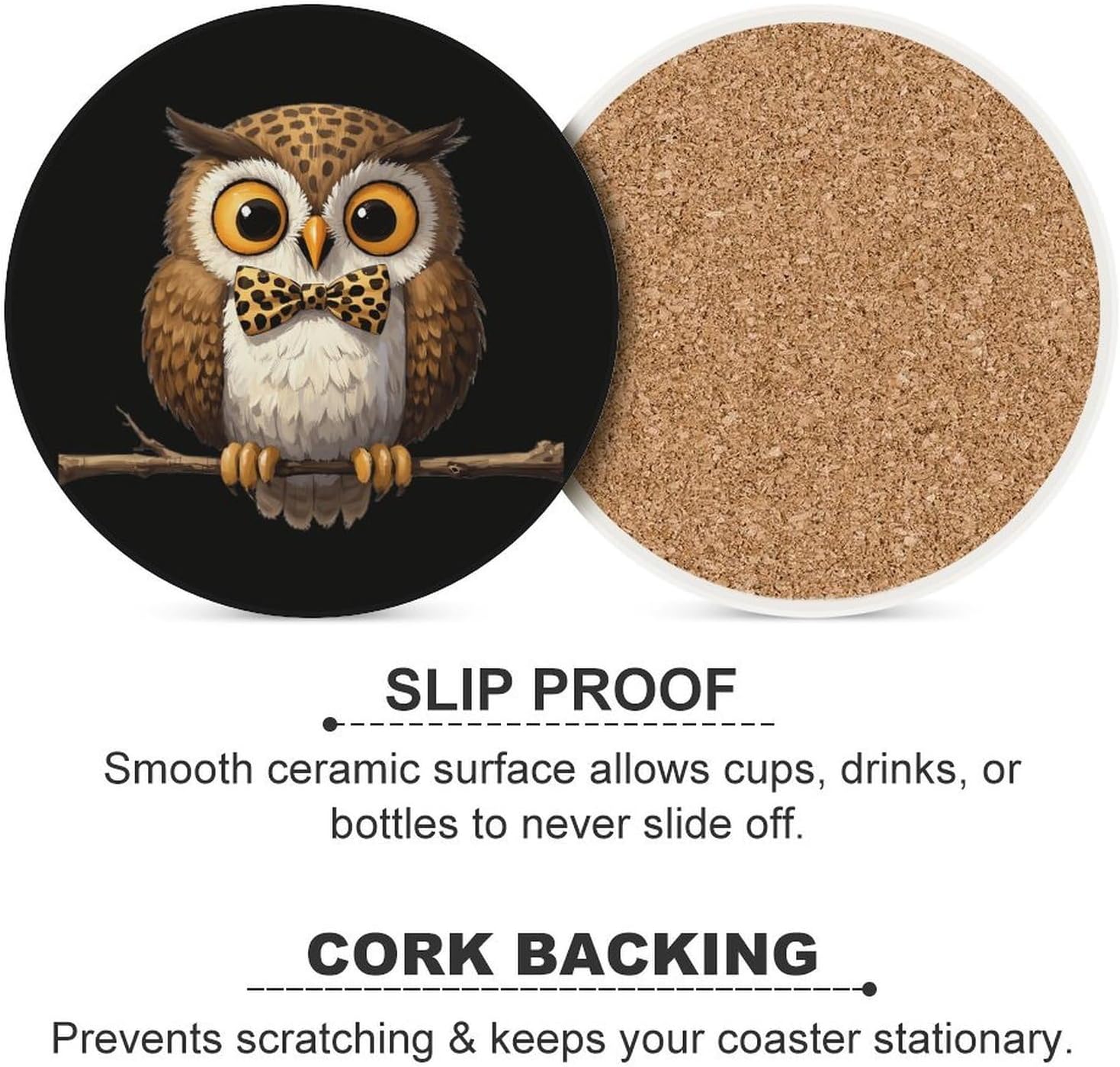 Cute Leopard Pattern Owl Funny Round Ceramic Coasters for Drink Absorbent Cup Holders Tabletop Protection