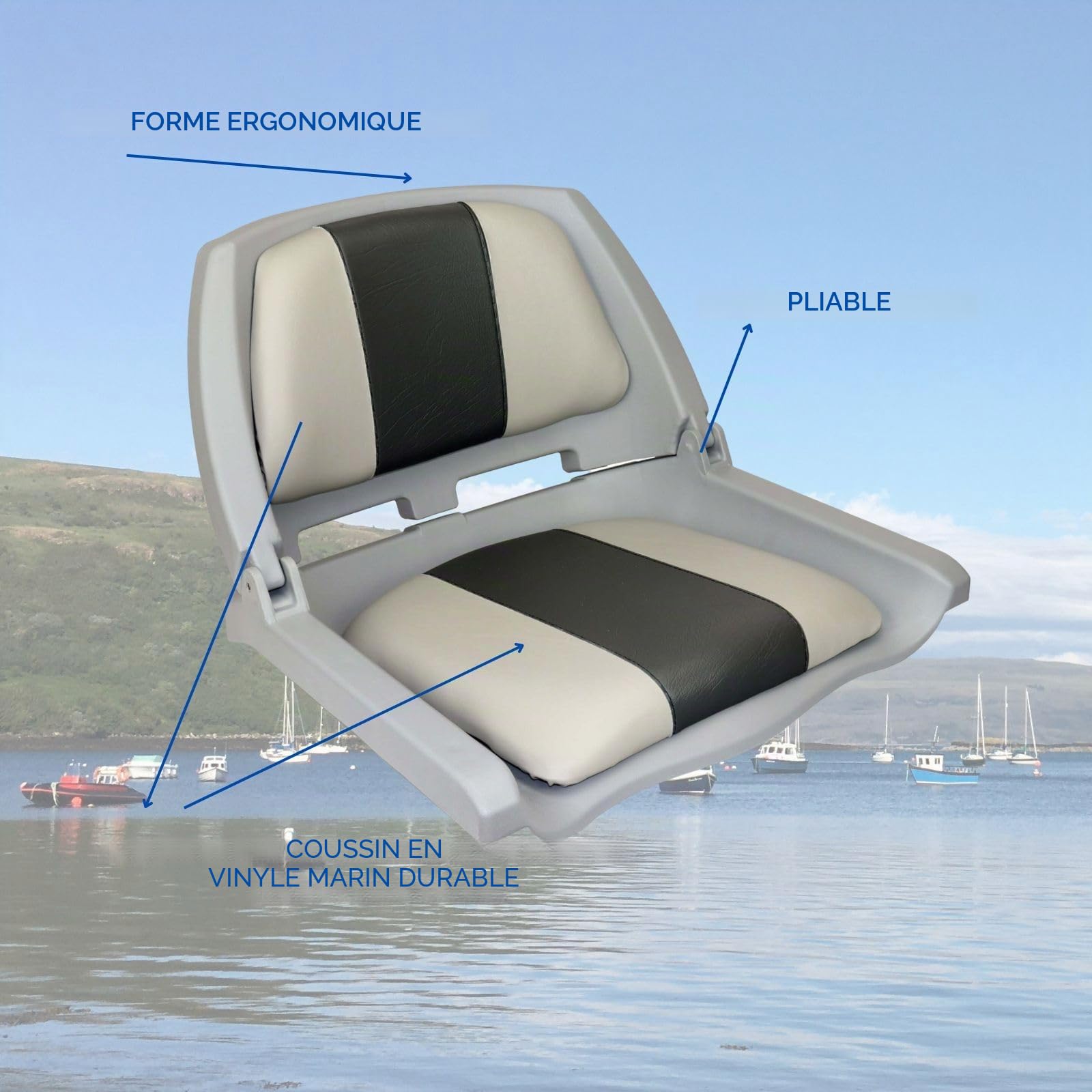 Siège de bateau pliable pour pêcheur gris anthracite | Siège de bateau/gouvernail pliable avec rembourrage bas pour siège et dossier et revêtement Ecoleder | 51 cm x 36 cm x 46 cm