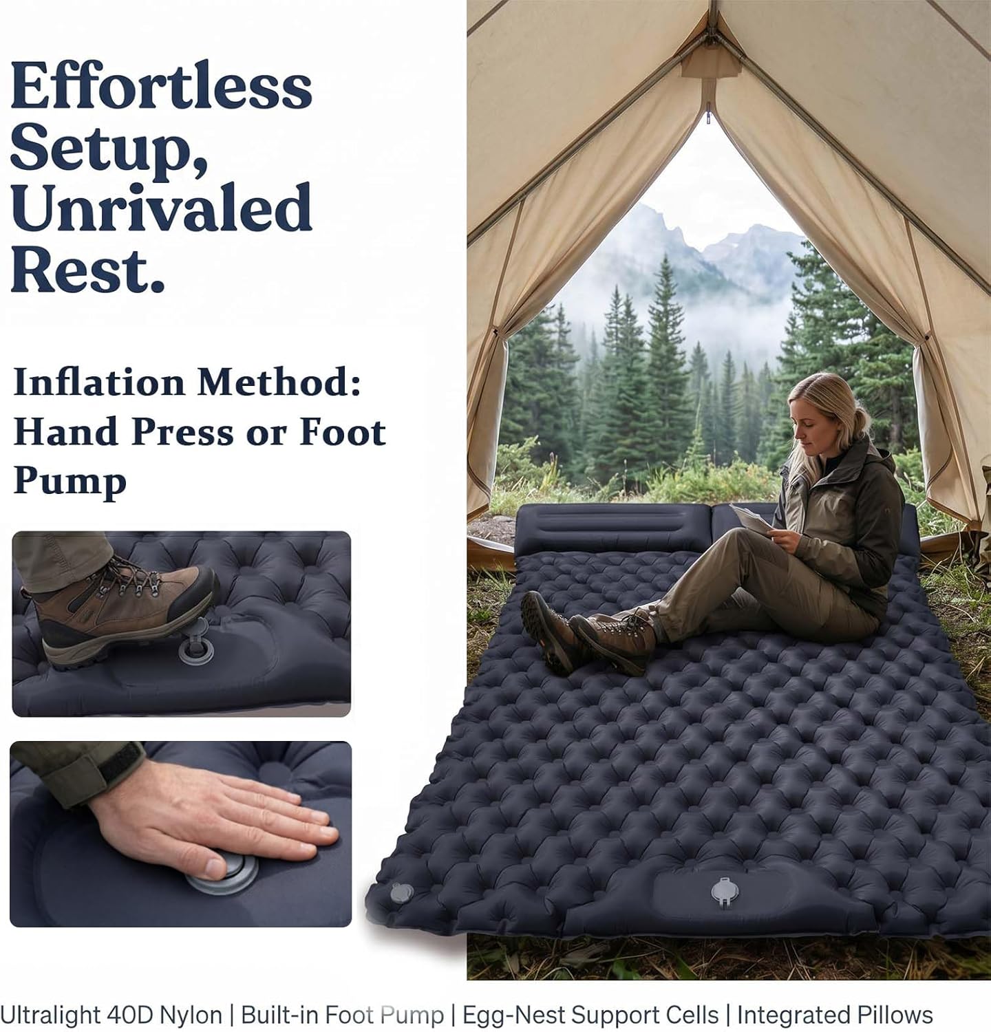 Double Sleeping Pad for Camping - Self Inflating Air Mattress with Pillow and Foot Pump, Portable Inflatable Bed Mat for 2 Person, Backpacking, Hiking, Travel, Tent Gear(Navy Blue)