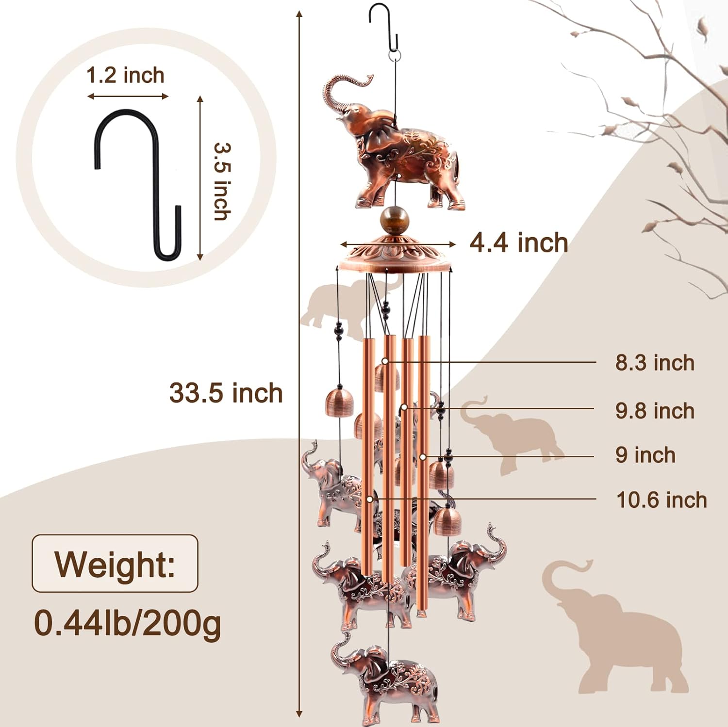 Wind Chimes Outdoor Clearance, Ukulork Elephants Aluminum Tube Windchime with S Hook,Patio Garden Decor, Housewarming Gift.
