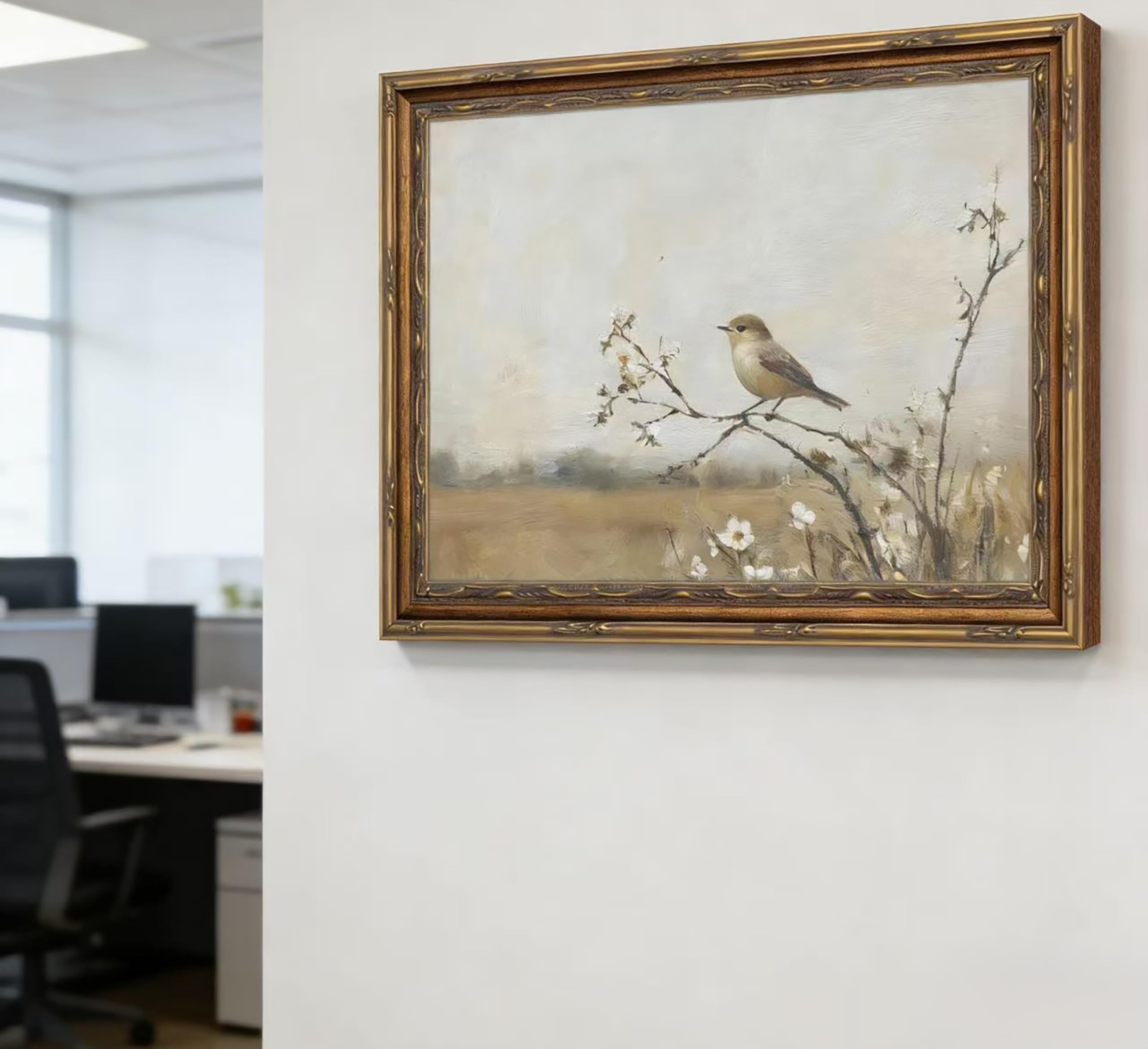 Vintage Gold Framed Bird Wall Art Spring Songbird on Floral Branch Painting Canvas Rustic Nature Woodland Picture Wall Decor Muted Farmhouse Print Artwork For Living Room Bedroom Entryway - 5