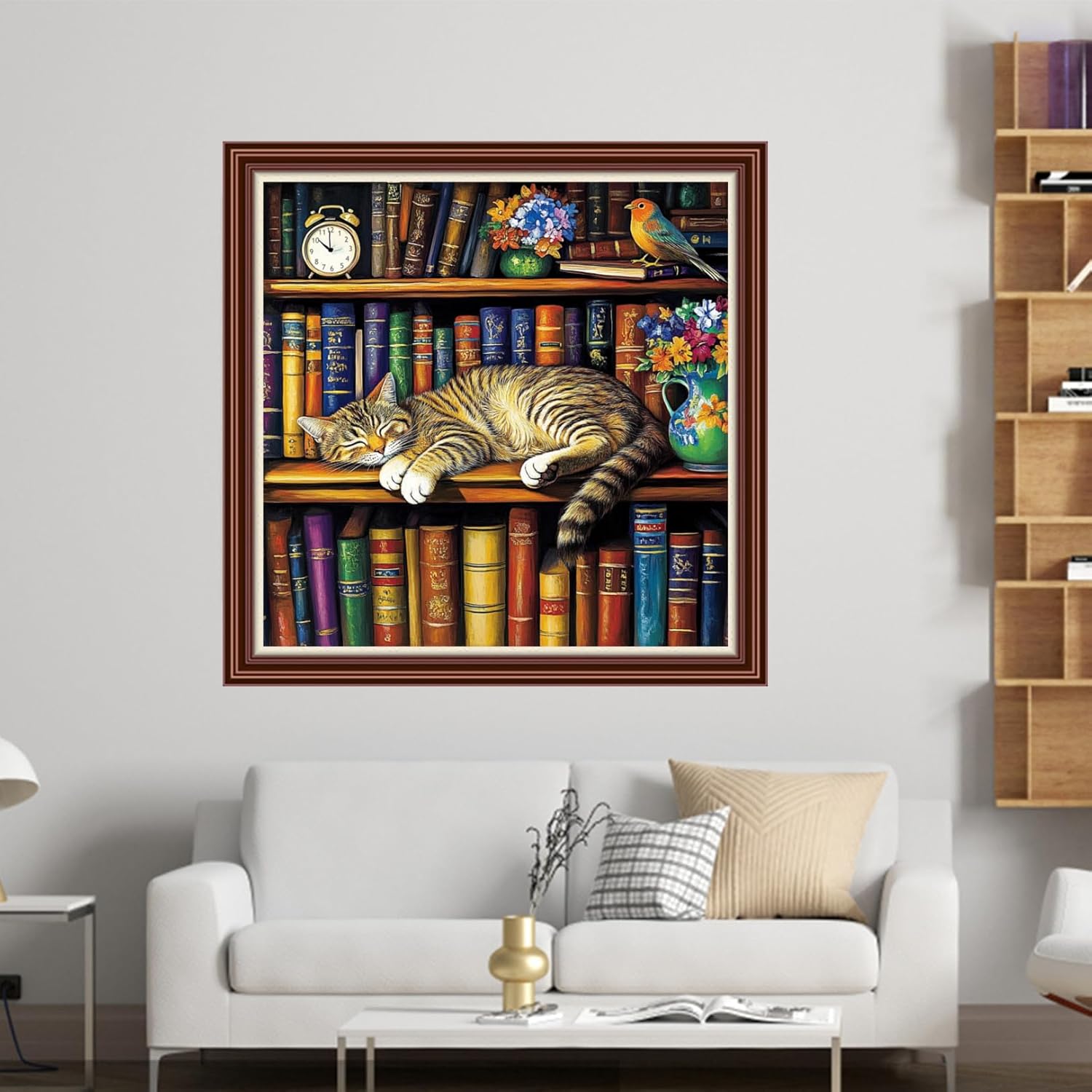 Dimensean Counted Cross Stitch Kit for Beginners, 11CT Unprinted Cross-Stitch Kit Easy Patterns Needlepoint Kit Cross Stitching Embroidery Kit Supplies-The Sleeping cat on Bookshelf 18x18 inch
