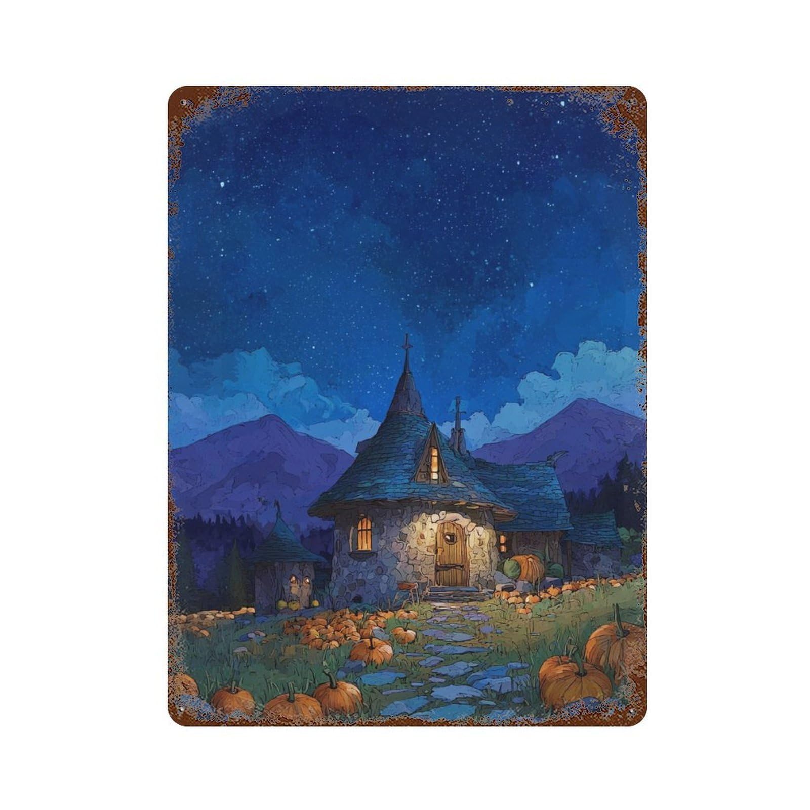 Halloween Cottage with Pumpkins Rust Effect Tin Sign 15.7"x11.8", Novelty Wall Decor for Patio, Garden Room And Bar Decor