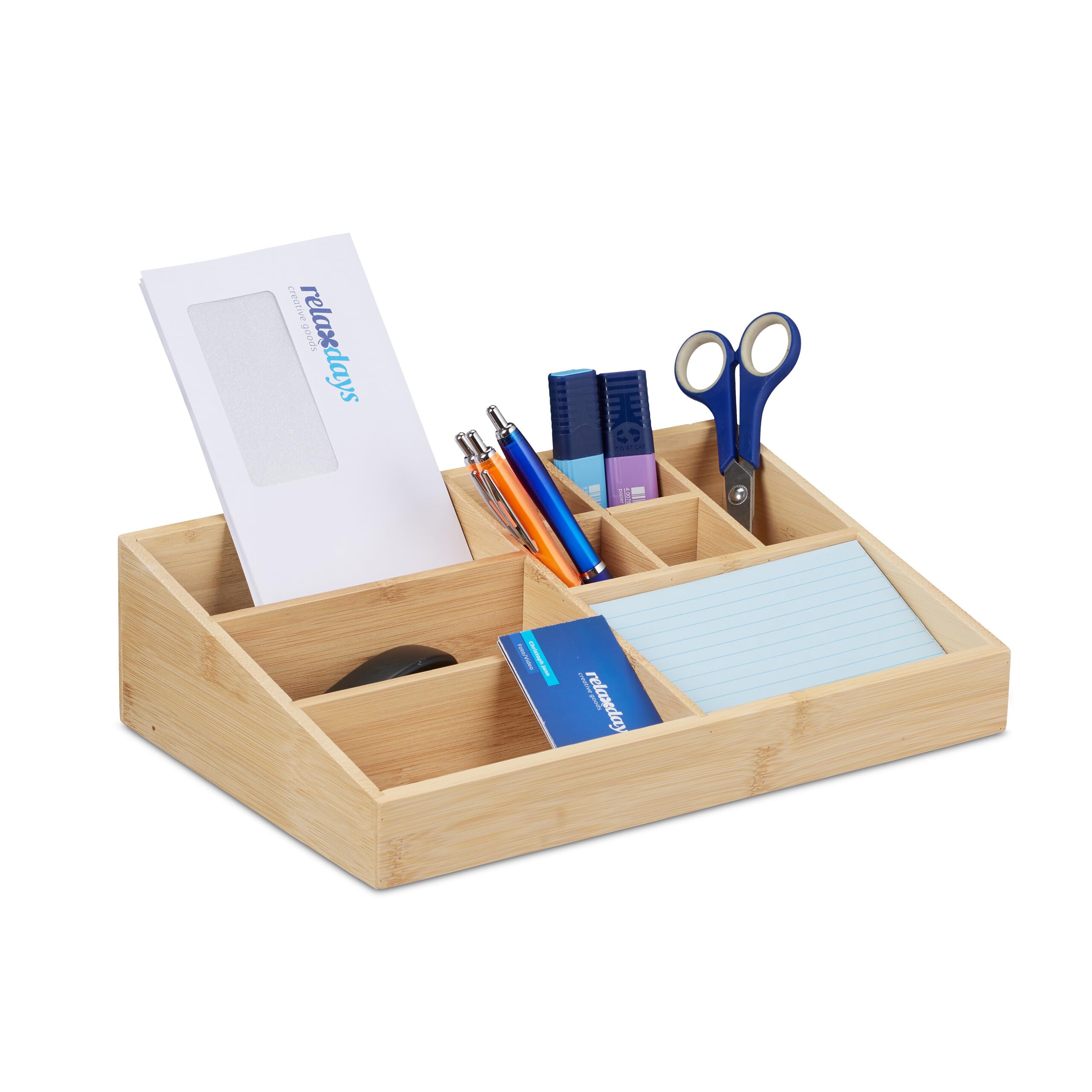 Relaxdays Desk, Bamboo Organiser, 9 Compartments, H x W x D: 9 x 33 x 21 cm, Utensil, Storage Box, Brown