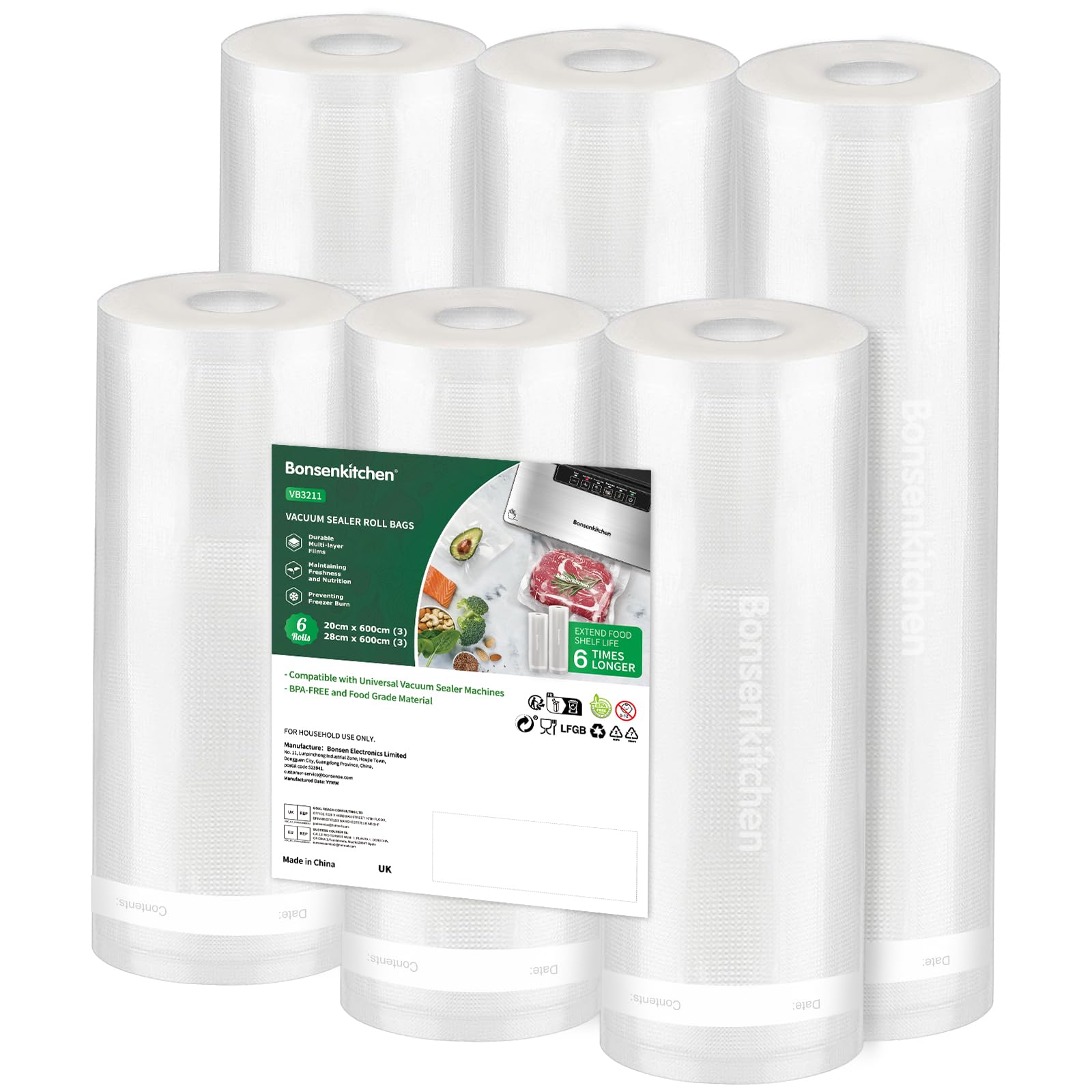 Bonsenkitchen 6 Packs Vacuum Sealer Rolls Bags, 3 Rolls 28 x 600cm + 3 Rolls 20 x 600cm Storage Bags, Durable Commercial Customized Size Food Bags for Food Storage and Sous Vide Cooking, VB3211
