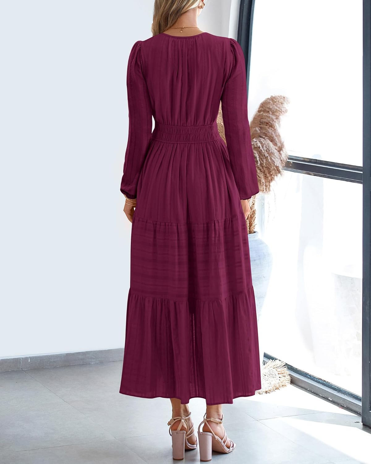 BTFBM Spring Dresses for Women 2026 Casual Long Sleeve V Neck Elastic Waist Lightweight Maxi Wedding Guest Dress Pockets - Image 3