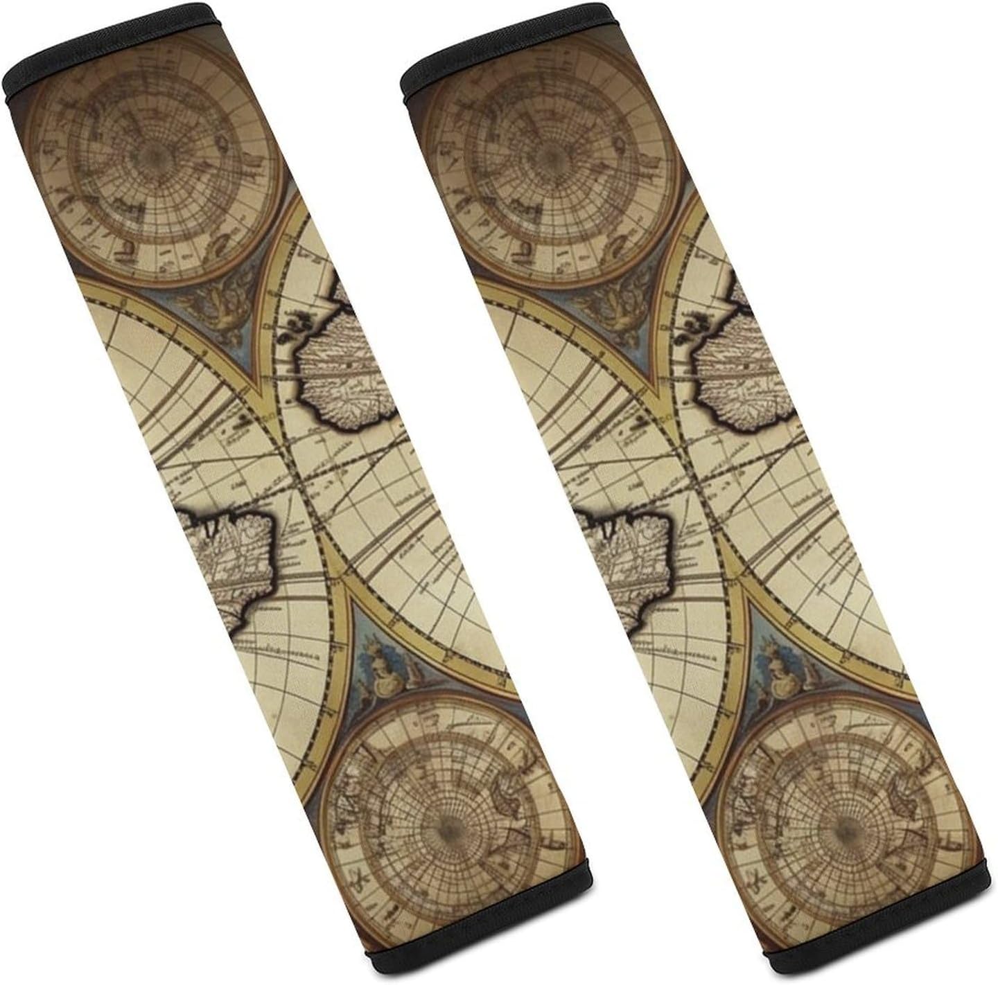 2 PCS Super Soft Car Seat Belt Pad, Cute Ancient Map World Globe Printed Waterproof Sweat-Absorbing Seat Belt Covers Backpack Shoulder Pad for All Car Seats Baby Strollers
