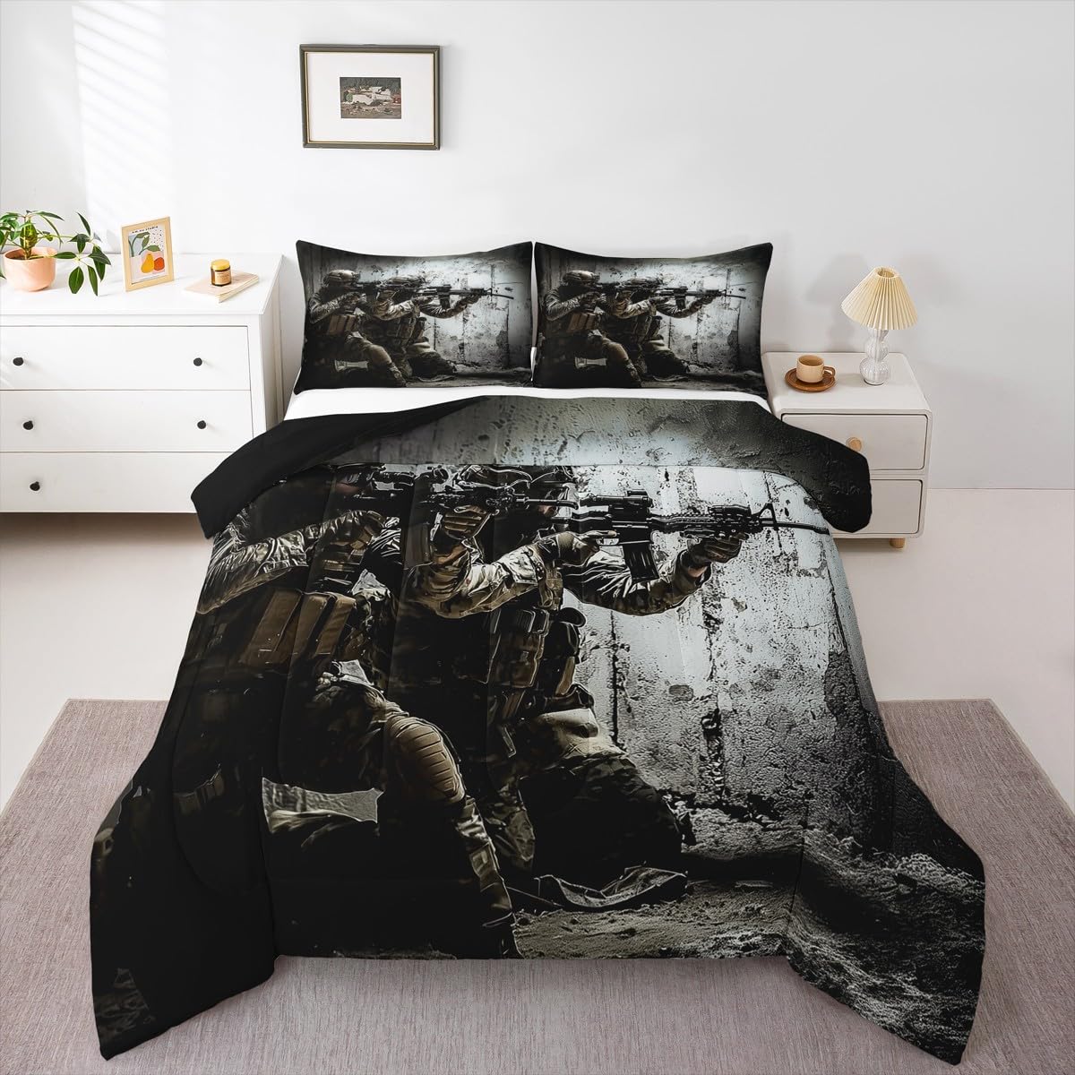 Erosebridal American Soldier Comforter, Boys Under Mission Comforter Set, Army Rifle Machine Gun Bedding Sets, Military Themed Down Comforter Queen