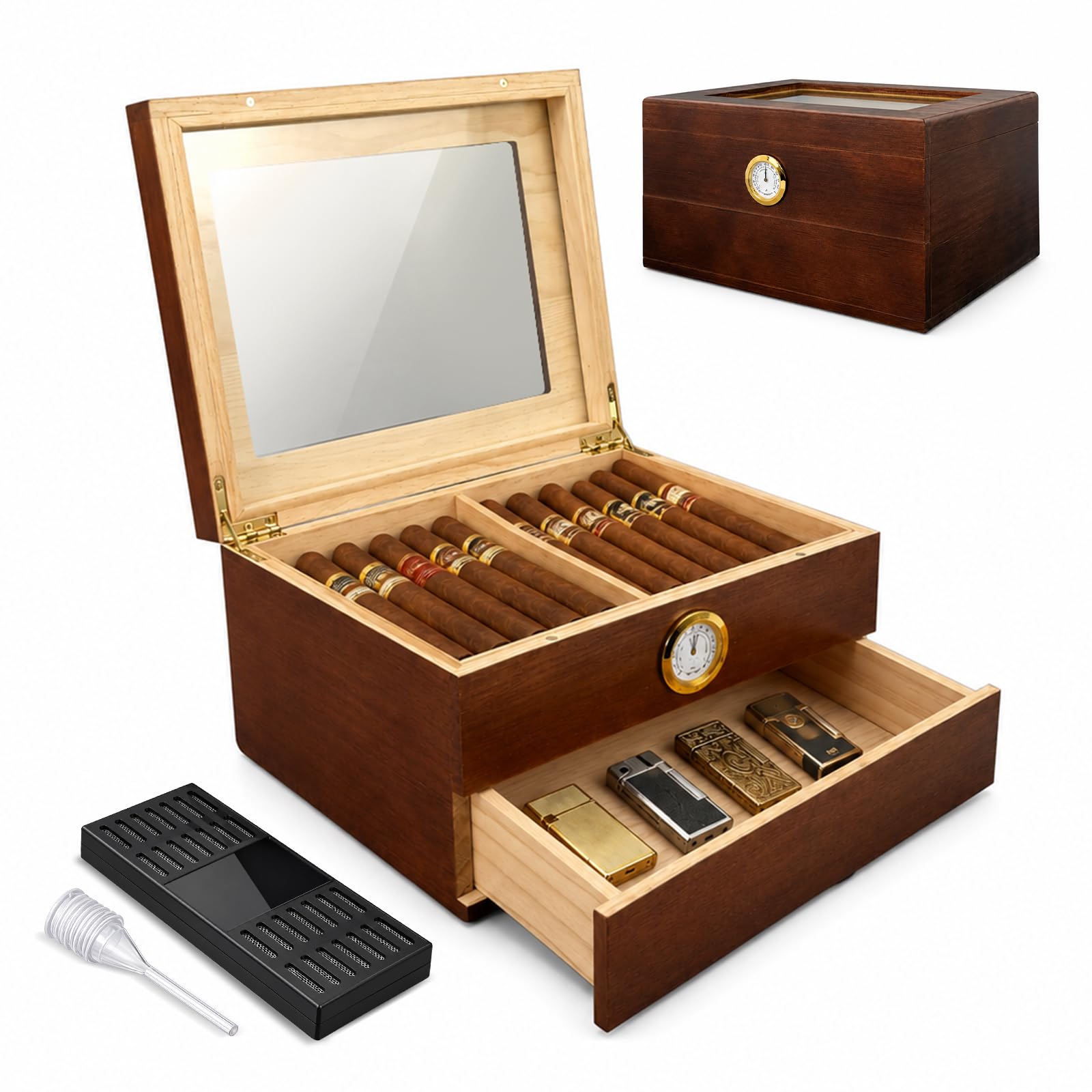 Umidificatore per sigari, a doppio strato, in legno di cedro spagnolo, con umidificatore, igrometro, divisore, idea regalo per uomini (30-40 sigari)