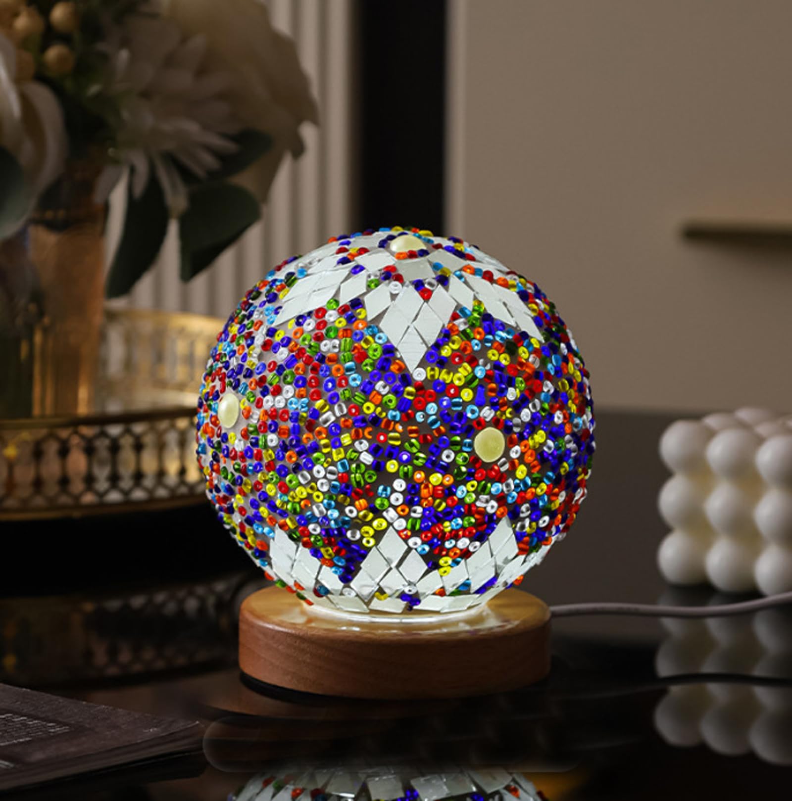 CCXXYGWJ Lámpara de Mesa turca (D:4.7" x H:5.2") Lámparas de Vidrio Mosaico con Base de Madera Lámparas de Noche Bohemias Linterna marroquí con alimentación USB para Sala de Estar