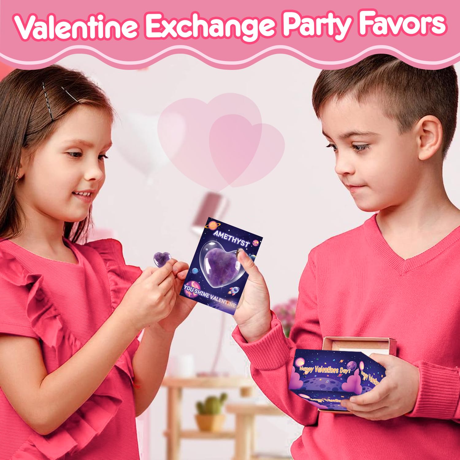 Valentinstagsgeschenke für Kinder im Klassenzimmer, 27 Stück Valentinstagskarten, Goodie-Taschen mit Herzsteinen, Valentinstagsgeschenk, Austausch, Kristall-Edelstein-Steine für Jungen, Mädchen,
