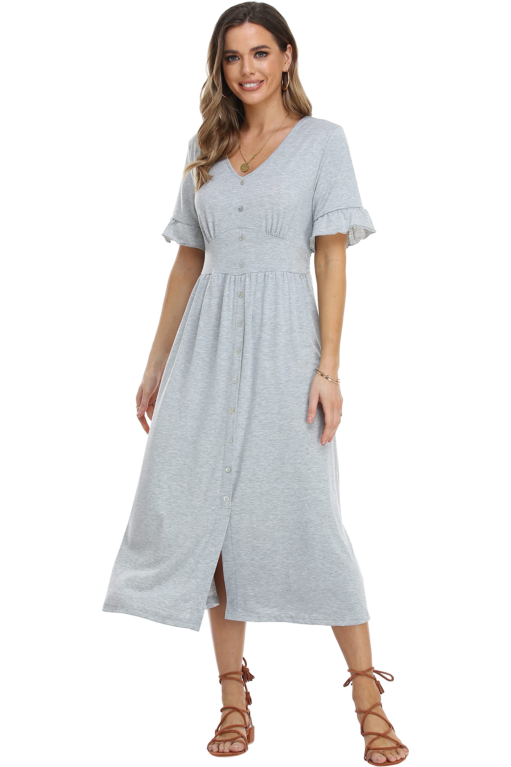 VintageClothingWomen's V Neck Button Down Midi A Line Dress Summer Short Sleeve Casual Ruffle T Shirt Dresses