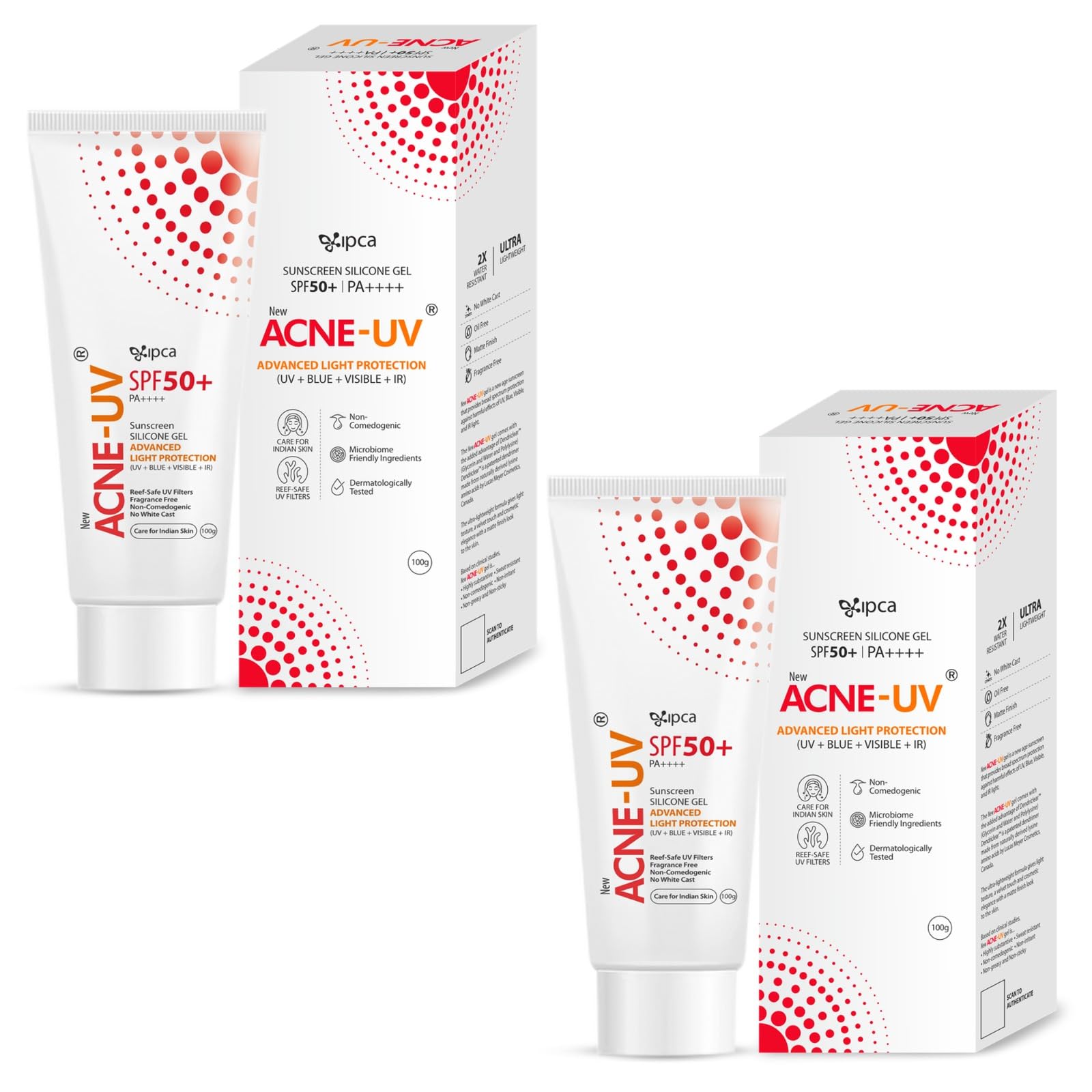 New IPCA ACNE-UV Sunscreen SPF50 PA+++ | 50g (Pack 2) ACNE-UV Gel Sunscreen | Non Comedogenic Silicone Gel | Oil-Free | UVA/UVB Protection | Water Resistant | No White Cast | Suitable for All Skin Types
