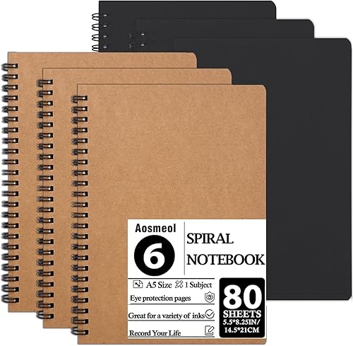 Cuaderno de espiral, paquete de 6 cuadernos rayados A5, cuaderno de espiral de tapa dura, 80 hojas, 160 páginas para estudio y notas, 8.3 x 5.5