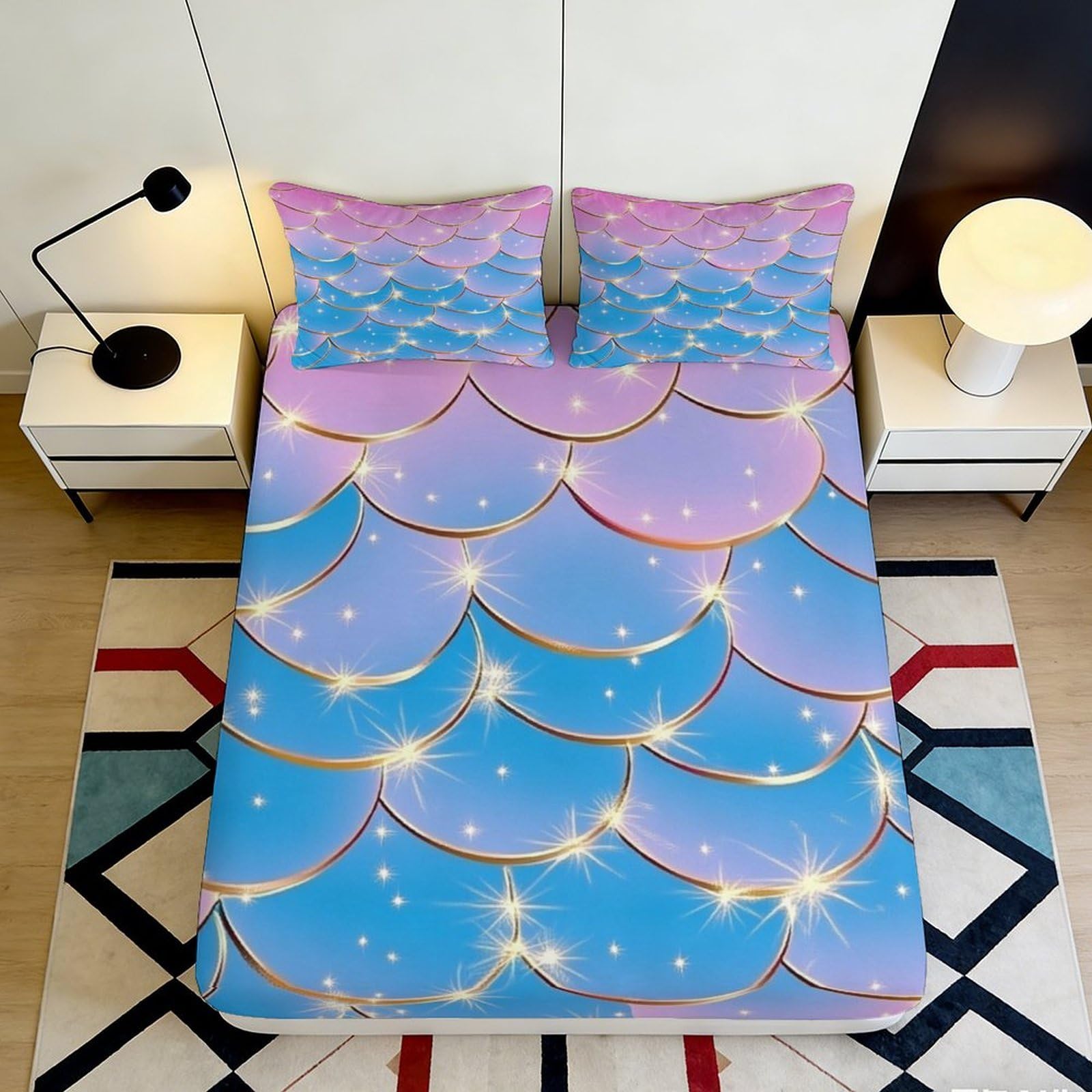3D Printed Mermaid Scales Fitted Sheet Microfiber Soft Breathable Starry Sparkle Bed Cover for Bedroom Dormitory Guest Room Mattress Protection 140x200x25cm