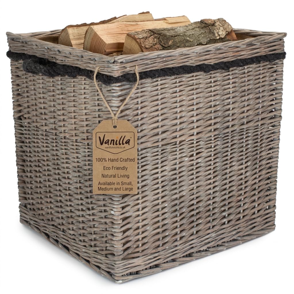 Vanilla Leisure Willow Log Baskets, Multiple Shapes and Sizes (Grey Wash, Large, Square)