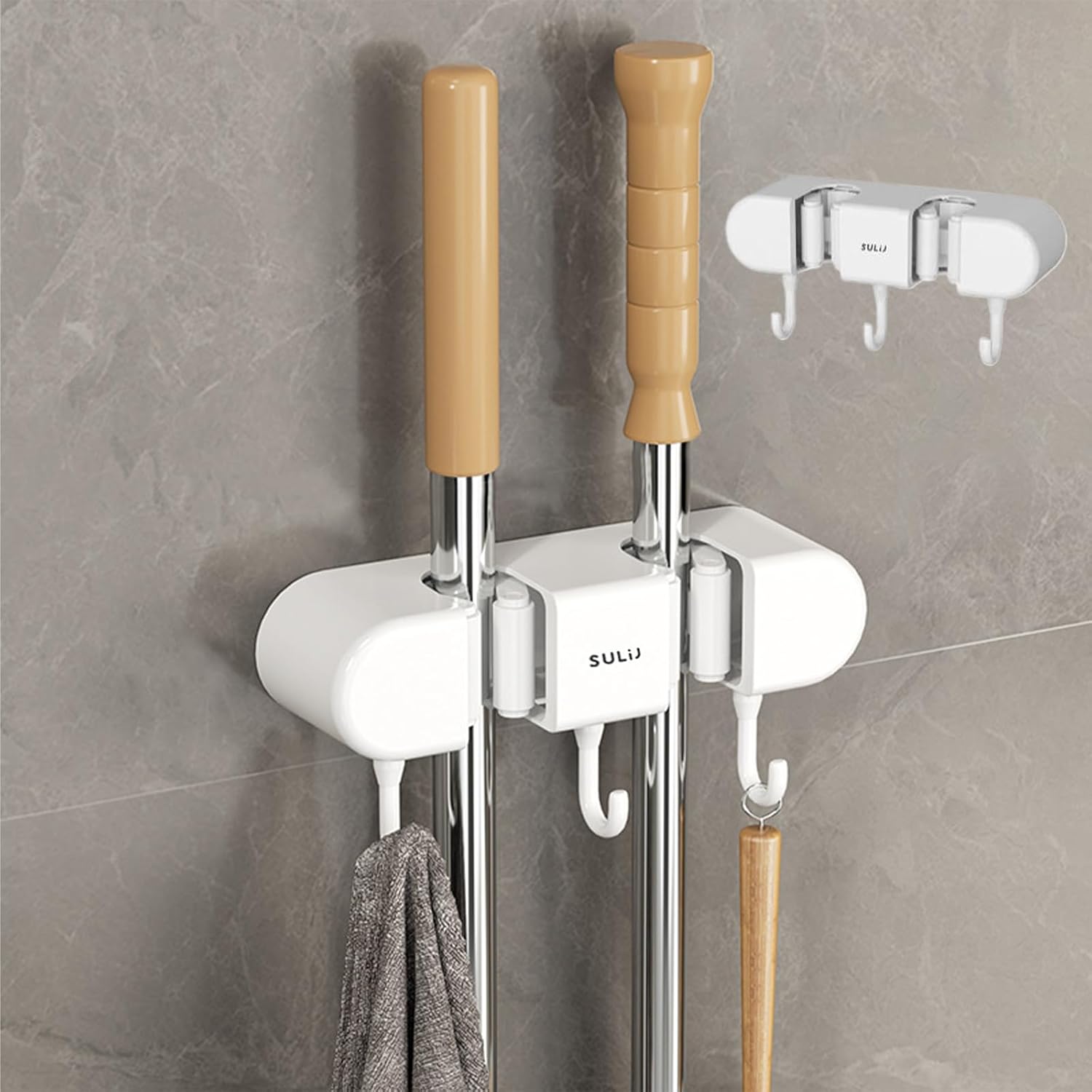 Wall-Mounted Mop Rack and Broom Organizer, Space-Saving Storage Solution for Cleaning Tools for Home or Kitchen