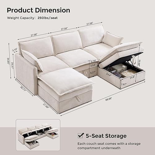 Miniatura 2 de Sofás seccionales de 88.98 pulgadas para sala de estar, sofá de nube seccional con gran almacenamiento, sofá modular en forma de U con otomana, sofá
