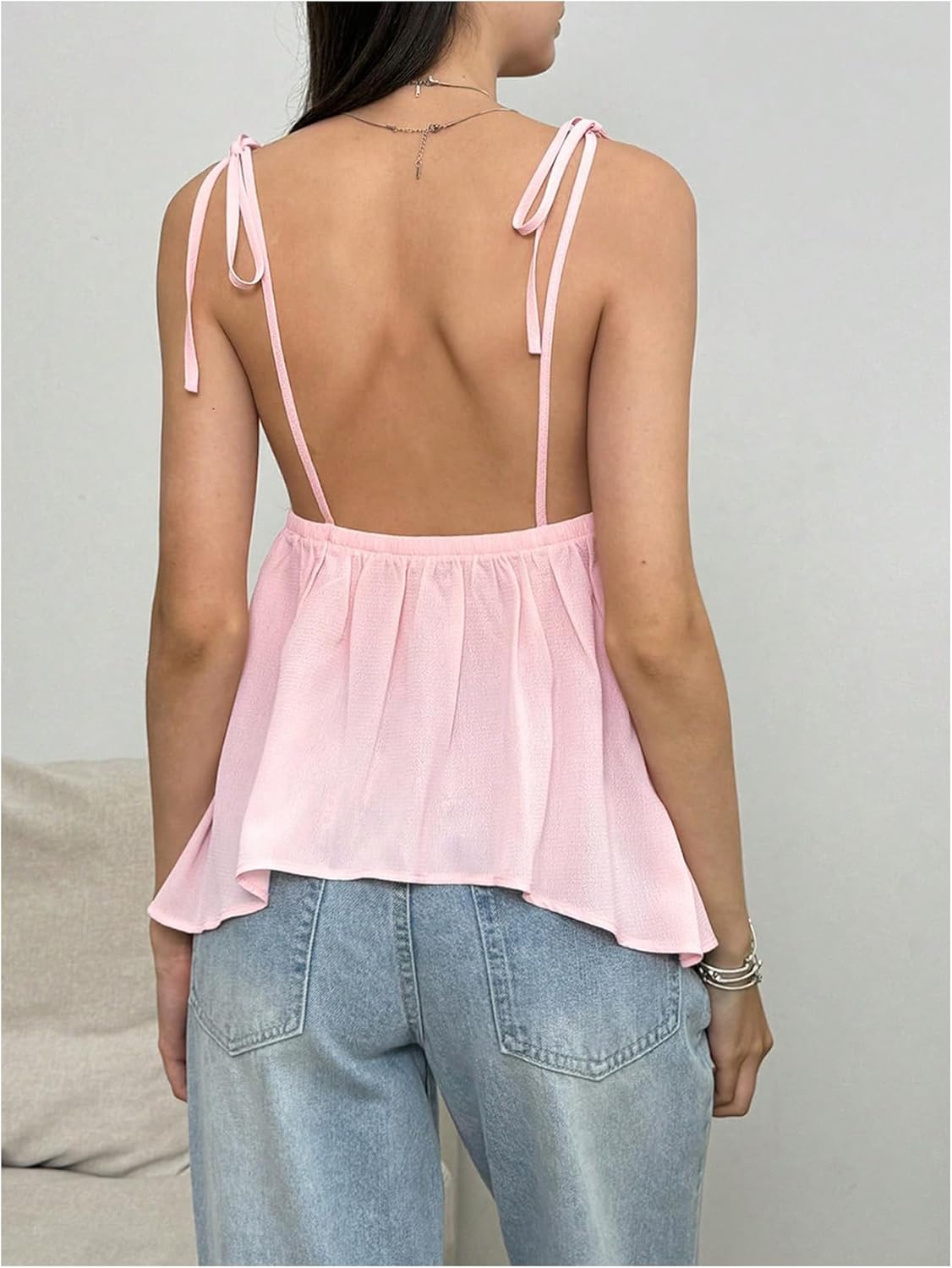 SOLY HUX Women's Tie Shoulder Spaghetti Strap Cami Top V Neck Ruffle Hem Camisole Summer Tops - Image 3