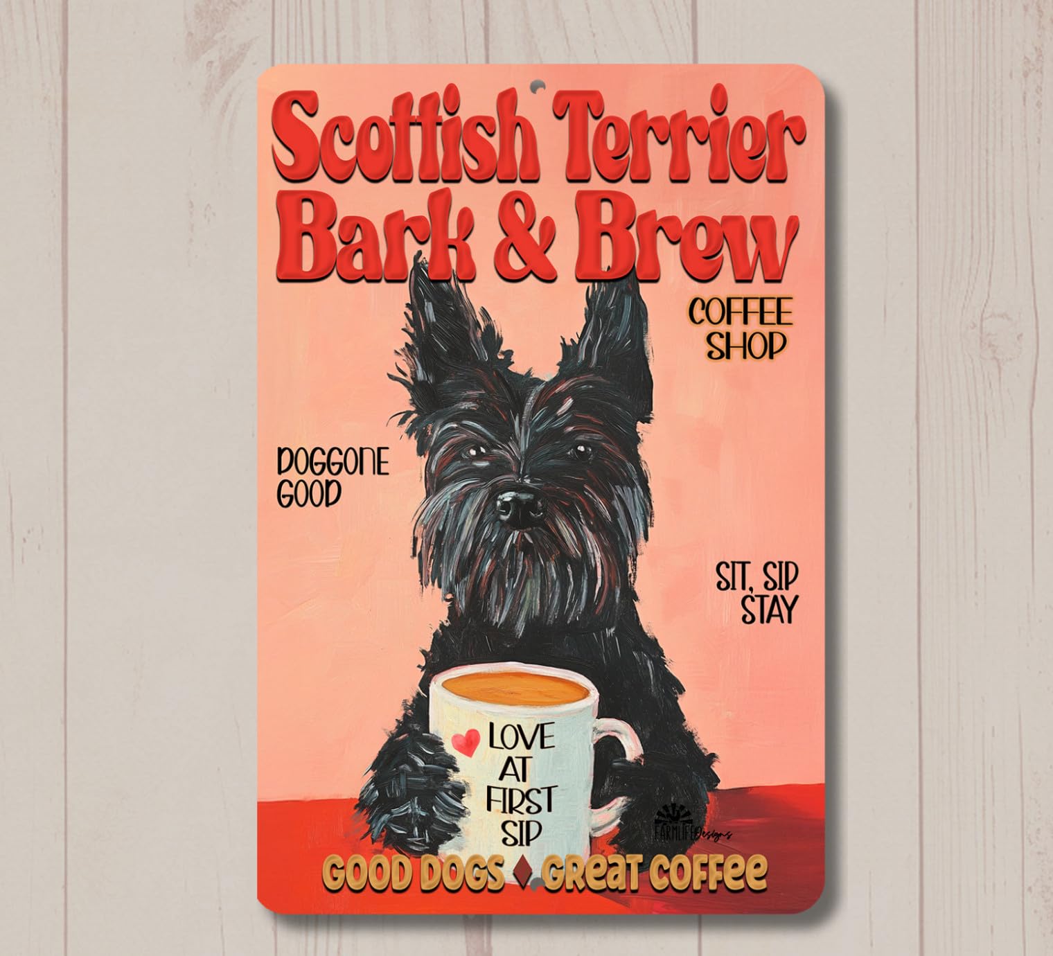 Scottish Terrier Coffee Bar Sign Bark & Brew bull dog funny metal tin scotty art home decor
