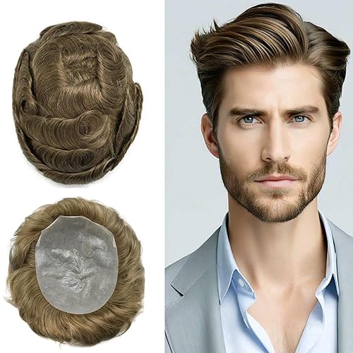 Toupee para hombres sistemas de cabello humano 0.002 in piel ultra fina para hombre Toupee V-Looped PU Hairpieces 90% densidad de luz, 18 #