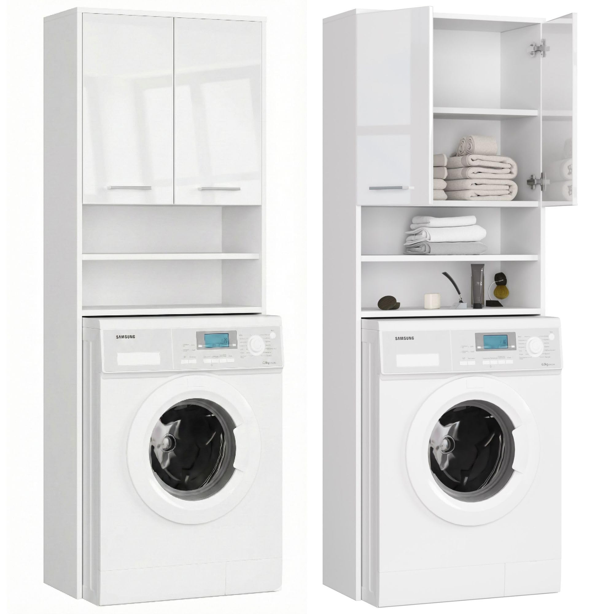 Home Collective Mobile per lavatrice 64x30x180 cm, mobile alto da bagno, con 2 ante e 4 ripiani mobiletto da bagno mensola da bagno corridoio bianco lucido