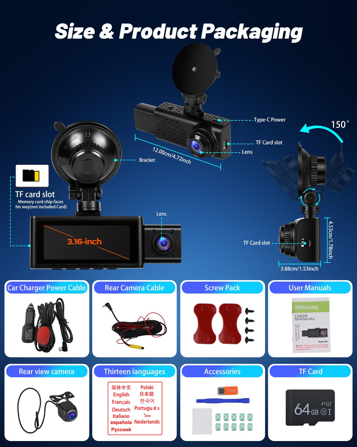 NHOPEEW Dash CAM 360° 2.5K con Cámara Frontal, Interior y Trasera, WiFi GPS Cámara para Coche, Visión Nocturna, Grabación en Bucle, G-Sensor, Tarjeta 64GB