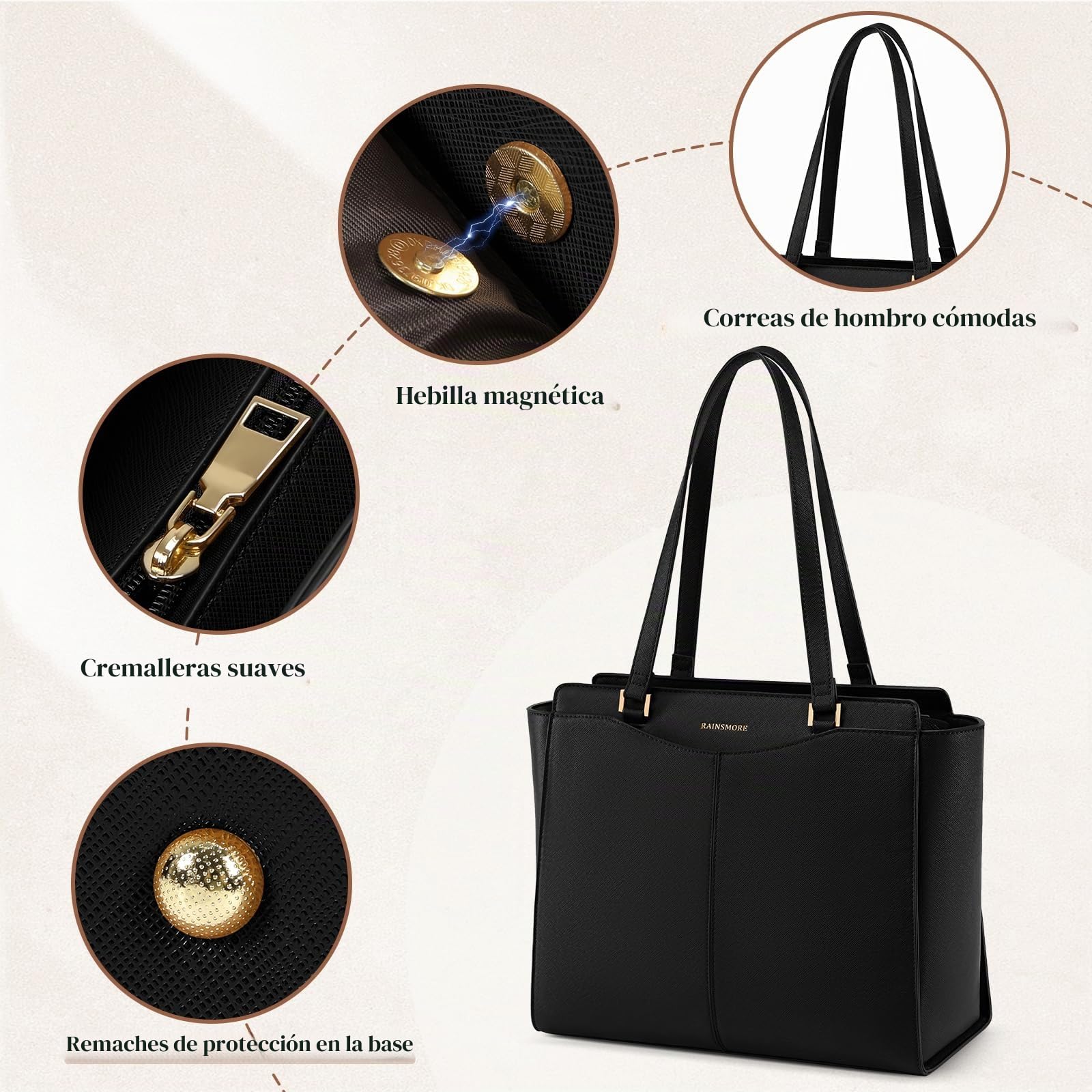 RAINSMORE Bolso Mujer Grande Bolso Universidad Impermeable para Portátil 14 Pulgadas Bolsos Tote Cuero PU con Cremallera Bolsillo Interior para Compras Viajes Colegio Oficina